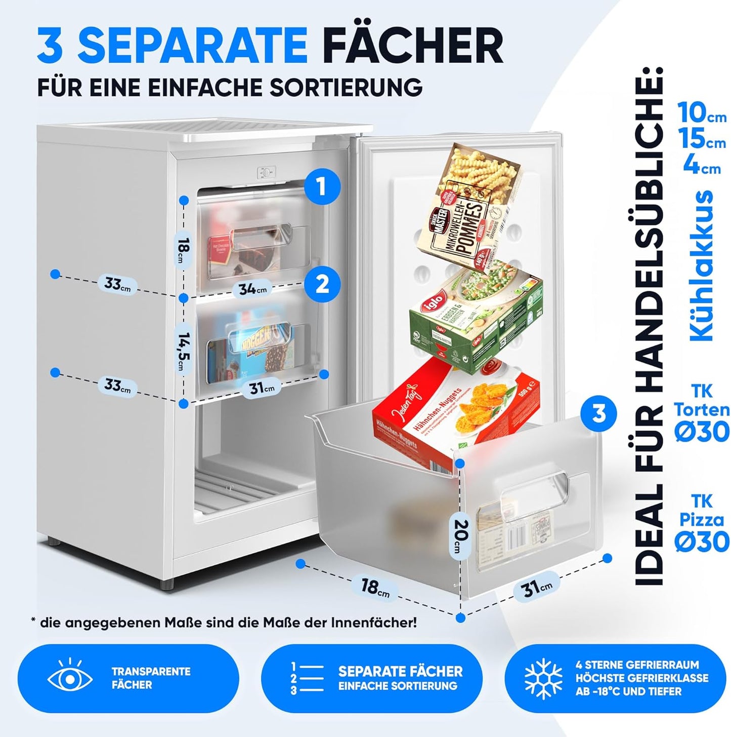 Kompakter Gefrierschrank 73L mit 3 Fächern, Weiss