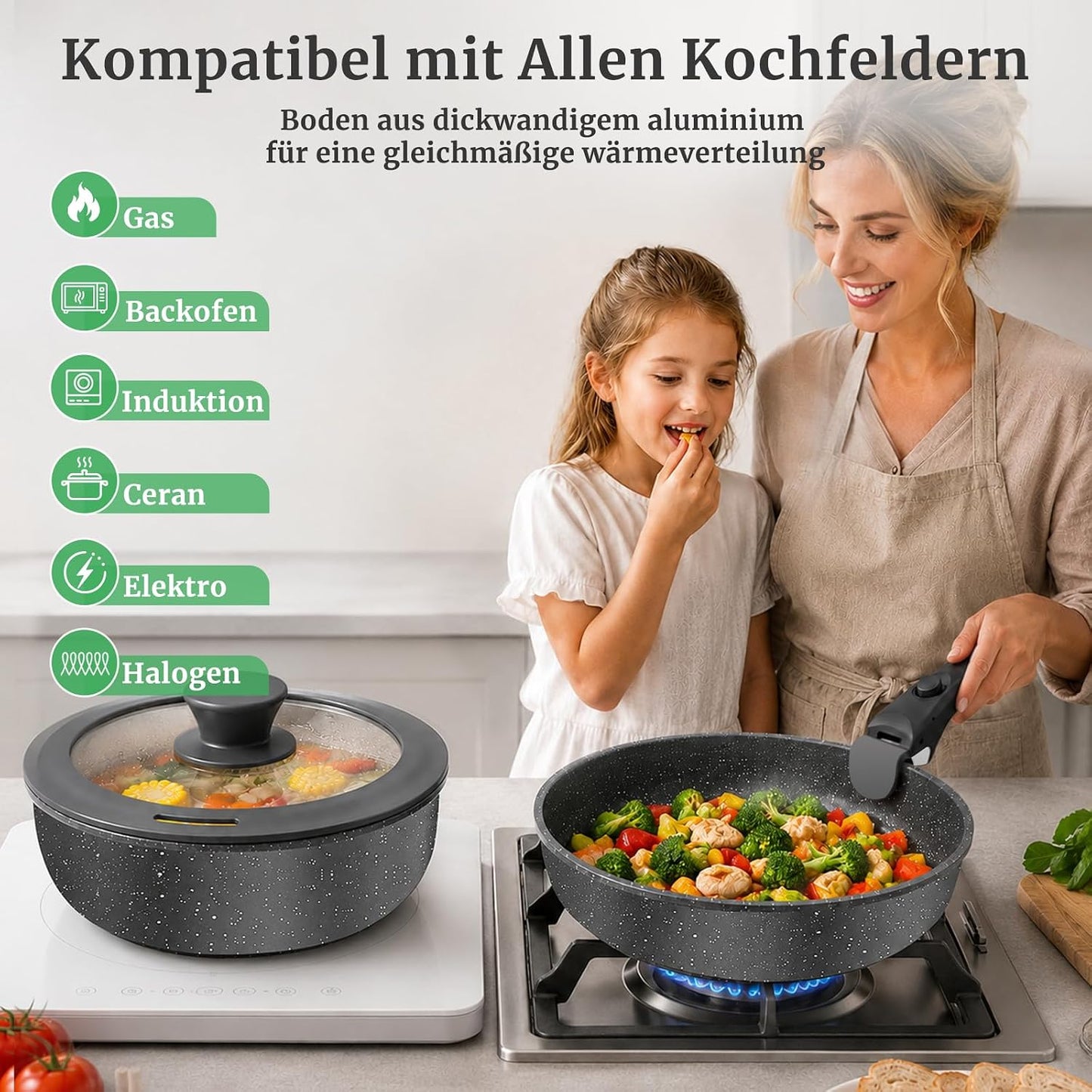 21-teiliges Kochgeschirrset mit abnehmbaren Griffen, Grau