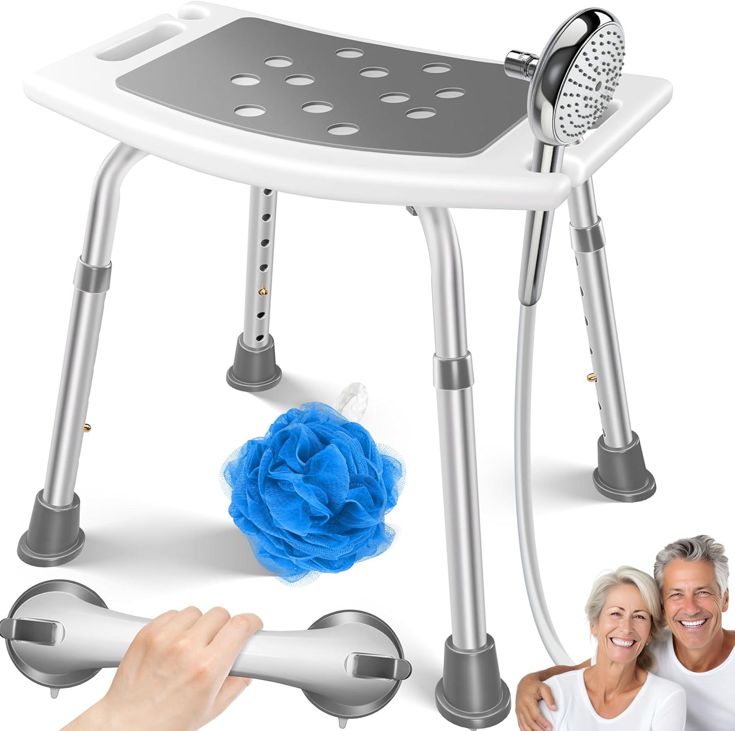 Höhenverstellbarer Duschhocker mit Haltegriff, Weiß / Grau