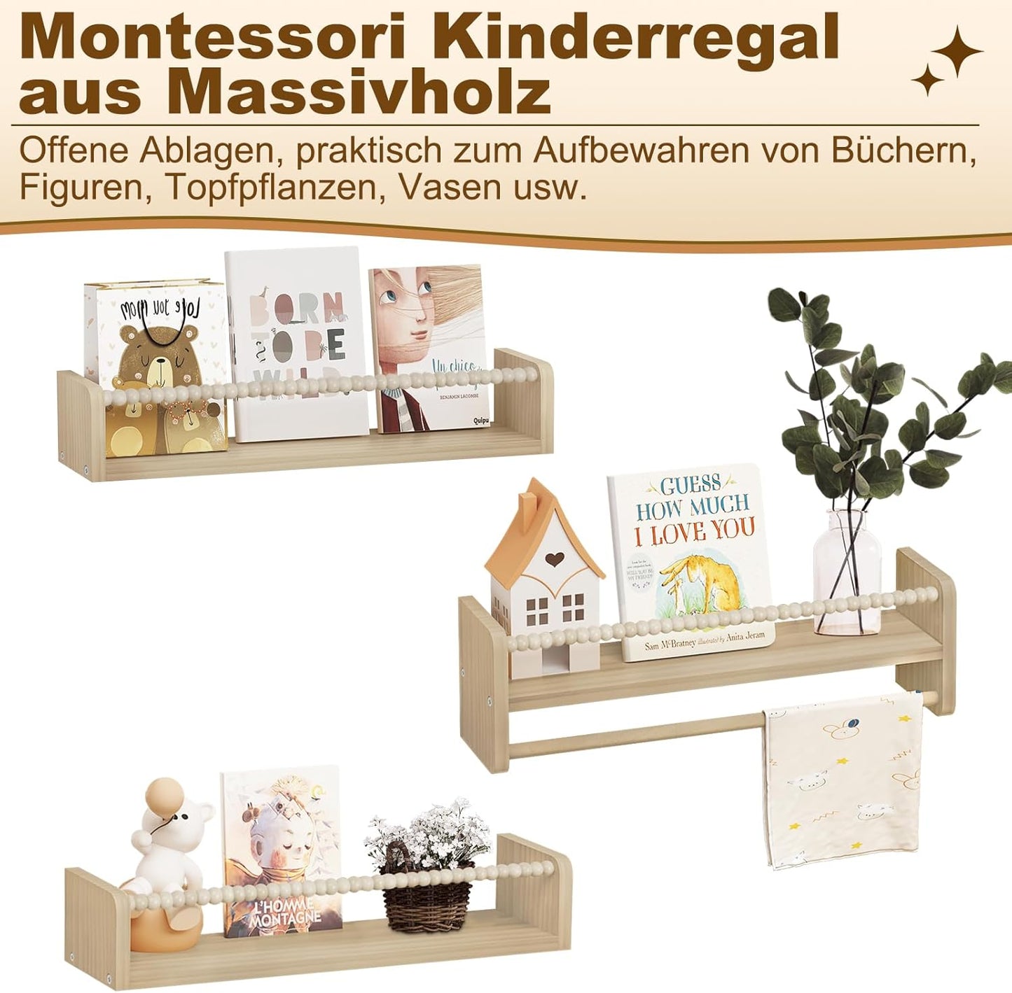 3er-Set Kinder-Bücherregal für die Wand, 50 x 15 x 14 cm Naturholzfarbe