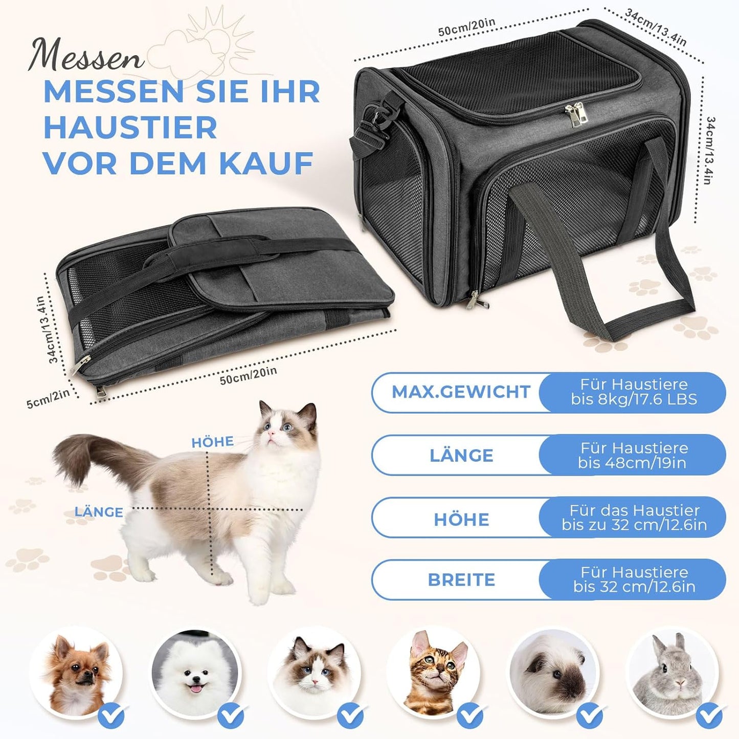 Transporttasche für Katzen und kleine Hunde (bis 8kg), 50 x 34 x 34cm Dunkelgrau