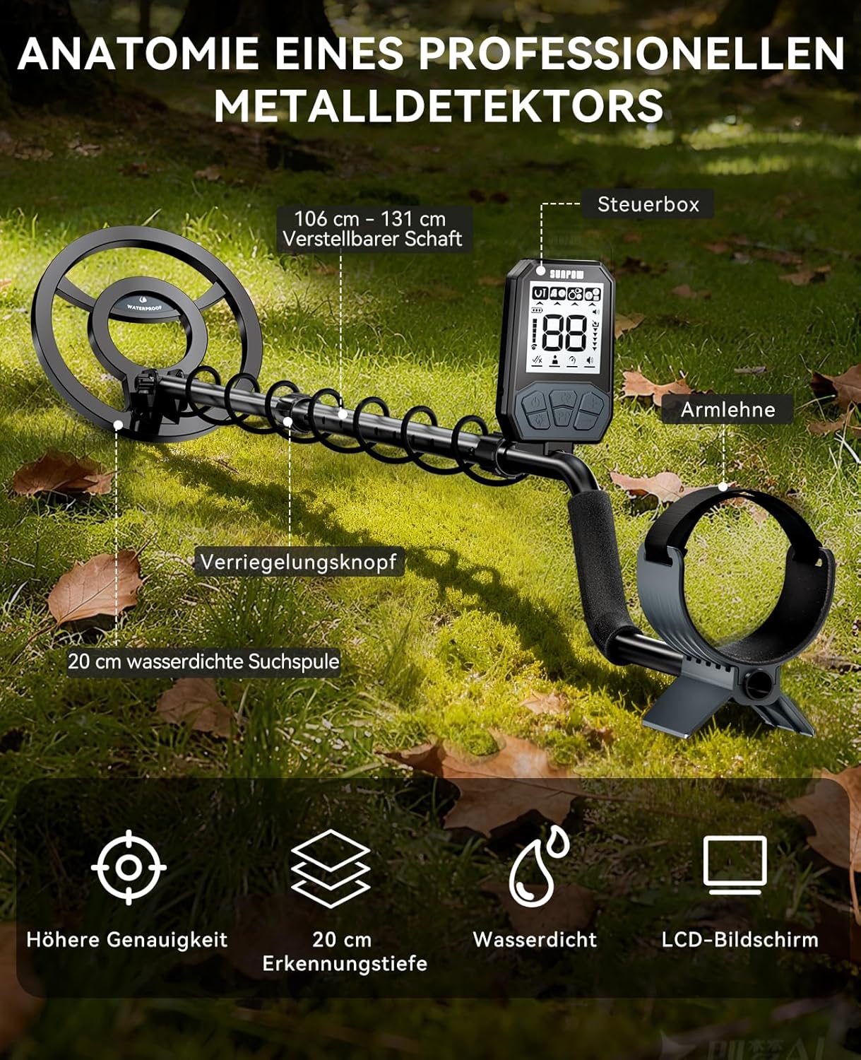 Wiederaufladbarer Metalldetektor mit LCD-Display, W-Schwarz