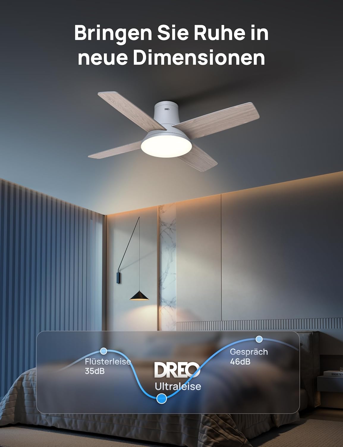 Deckenventilator mit Licht und Fernbedienung, Weisse Holzmaserung