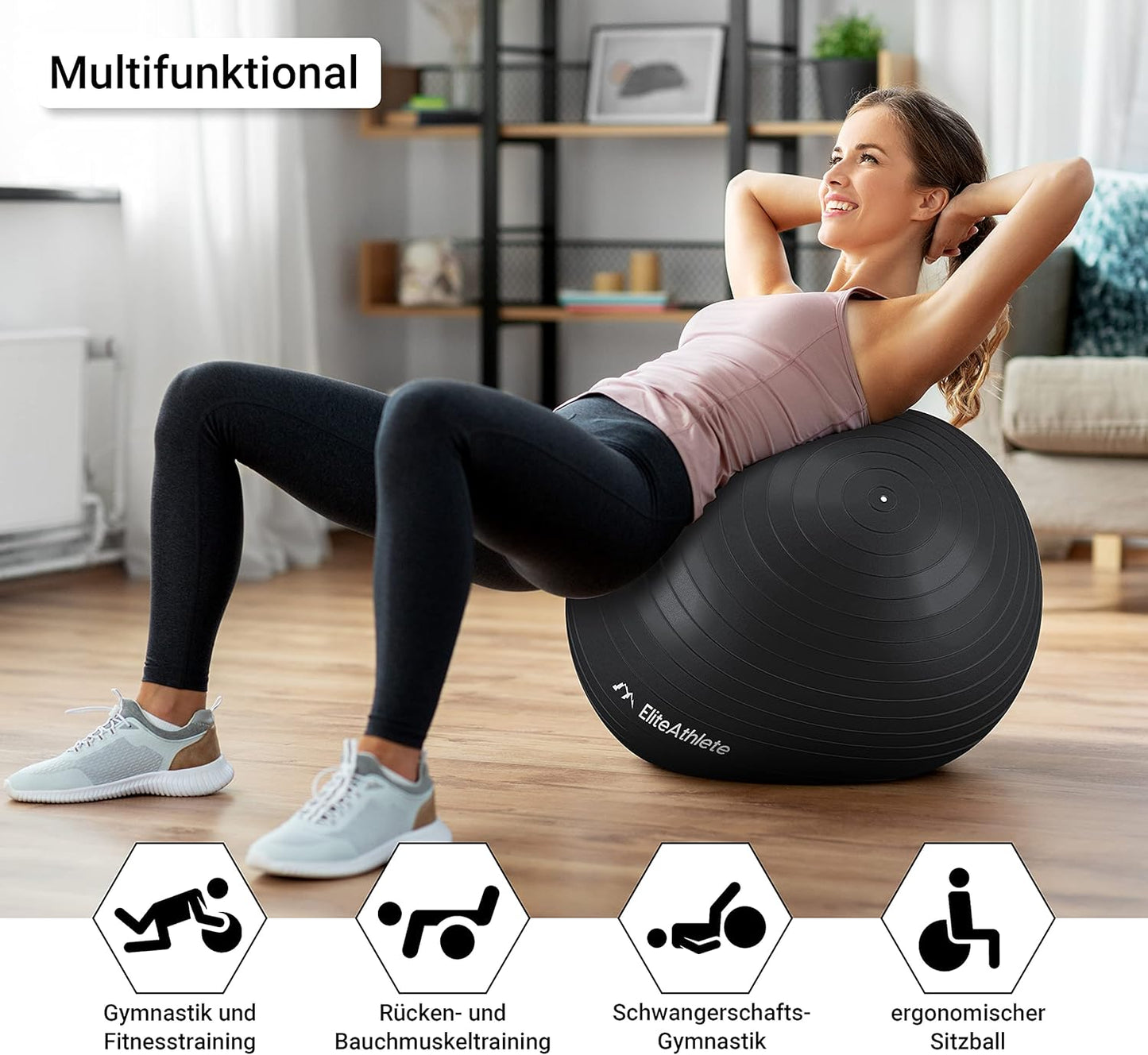 Ergonomischer Gymnastikball mit Anti-Burst System, Midnight Black 55cm