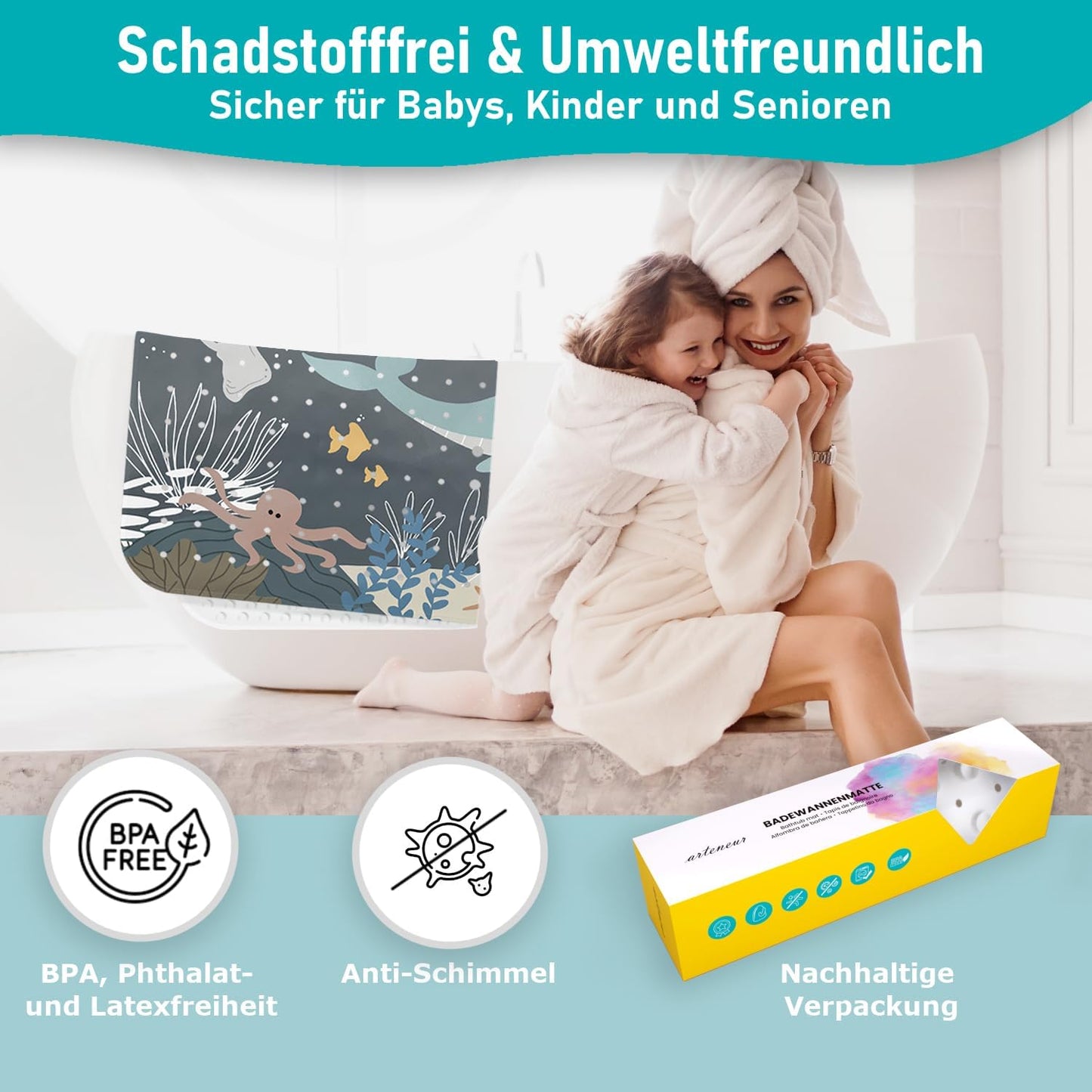 Rutschfeste Badewannenmatte, 100x40 cm, Badewannenmatte Wasserwelt Dunkelgrau