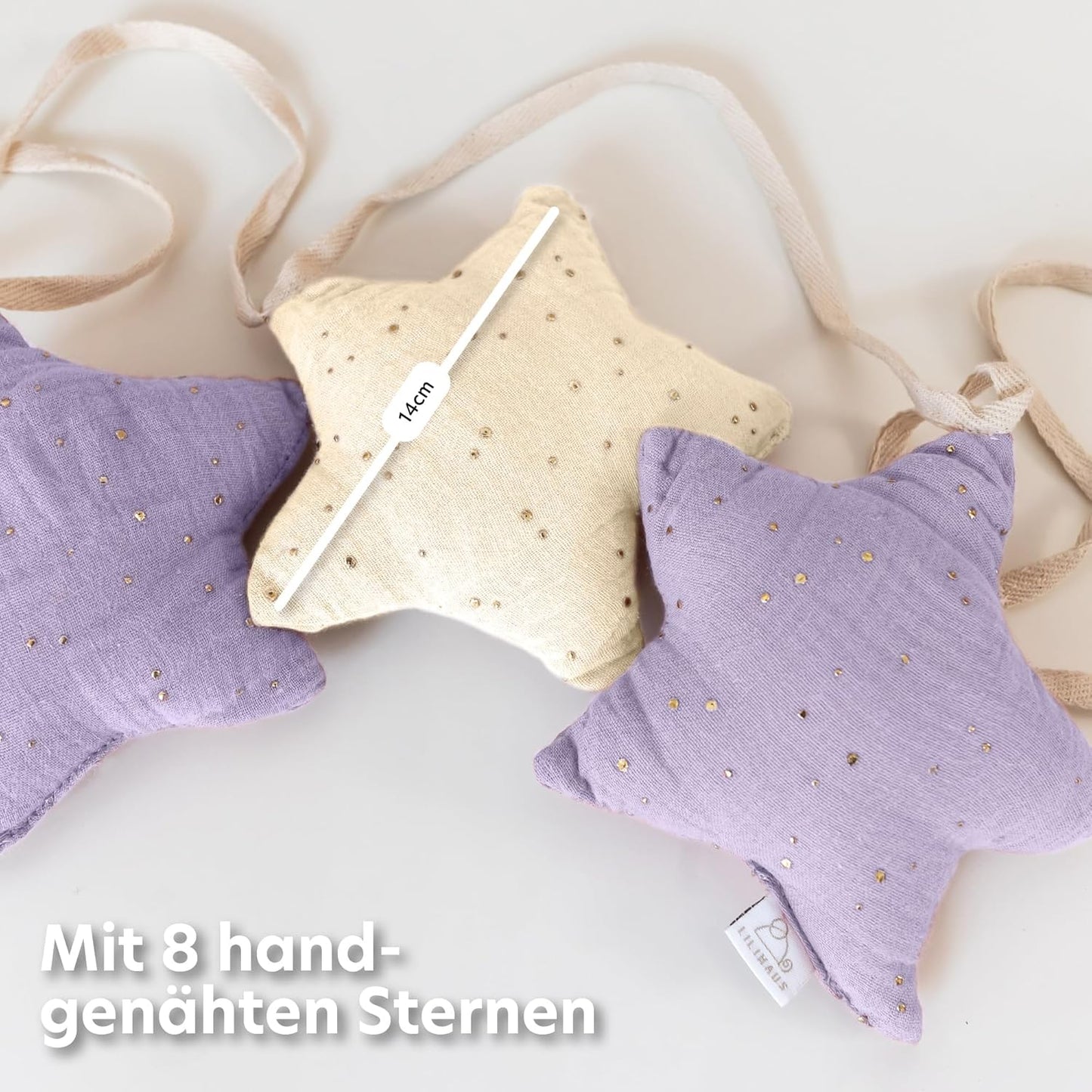 Sternenkette mit Goldapplikation, Creme & Flieder Sterne mit Goldapplikation