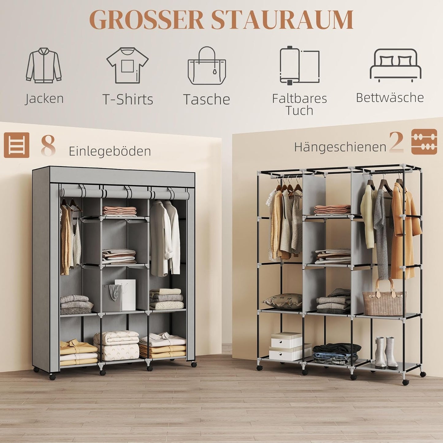 Faltbarer Stoffschrank mit Kleiderstangen und Rollen