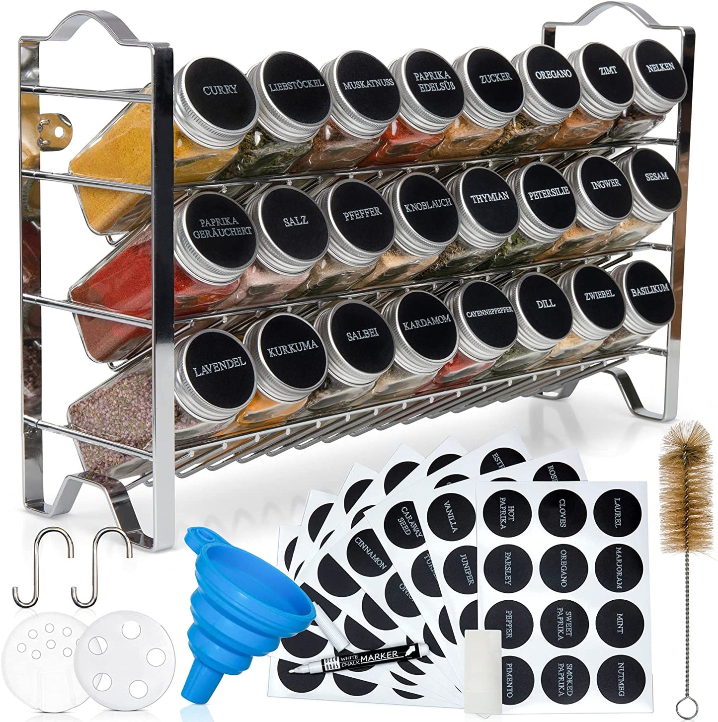 Gewürzregal mit Gewürzgläsern, 24 Set - Chrom, Deckel Alu