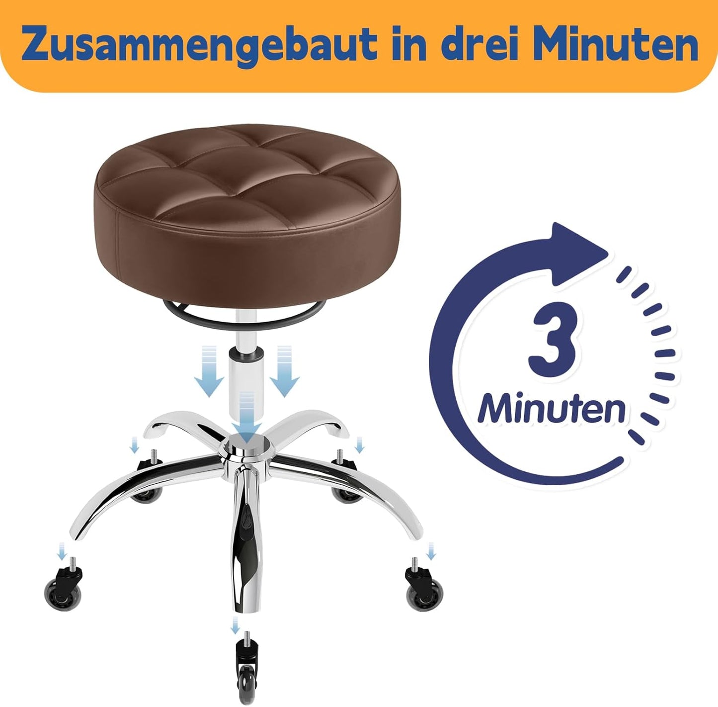 Höhenverstellbarer Rollhocker mit 360° Rollen, Braun