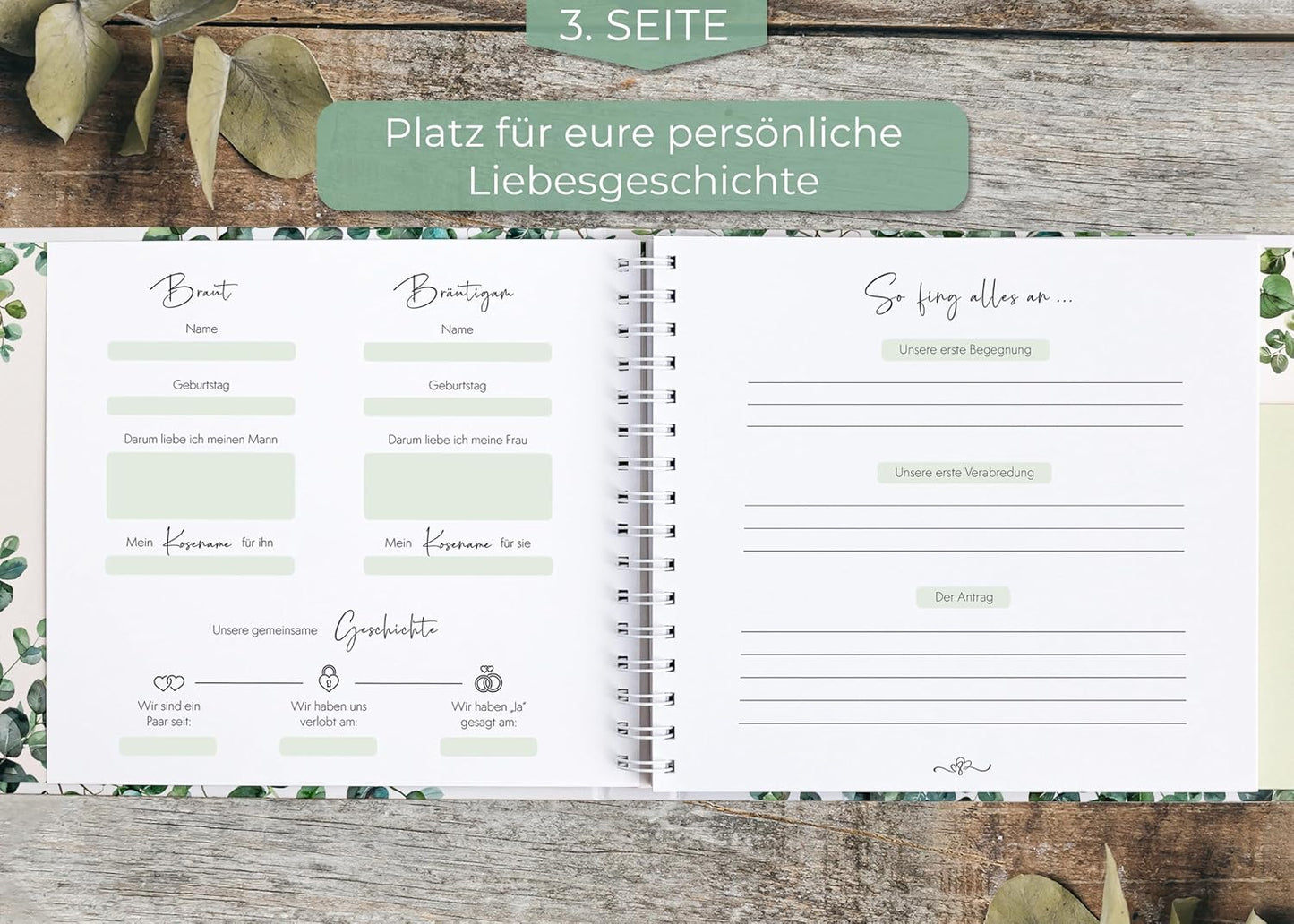 Gästebuch mit Fragen, mit Fragen Eukalyptus + Gold