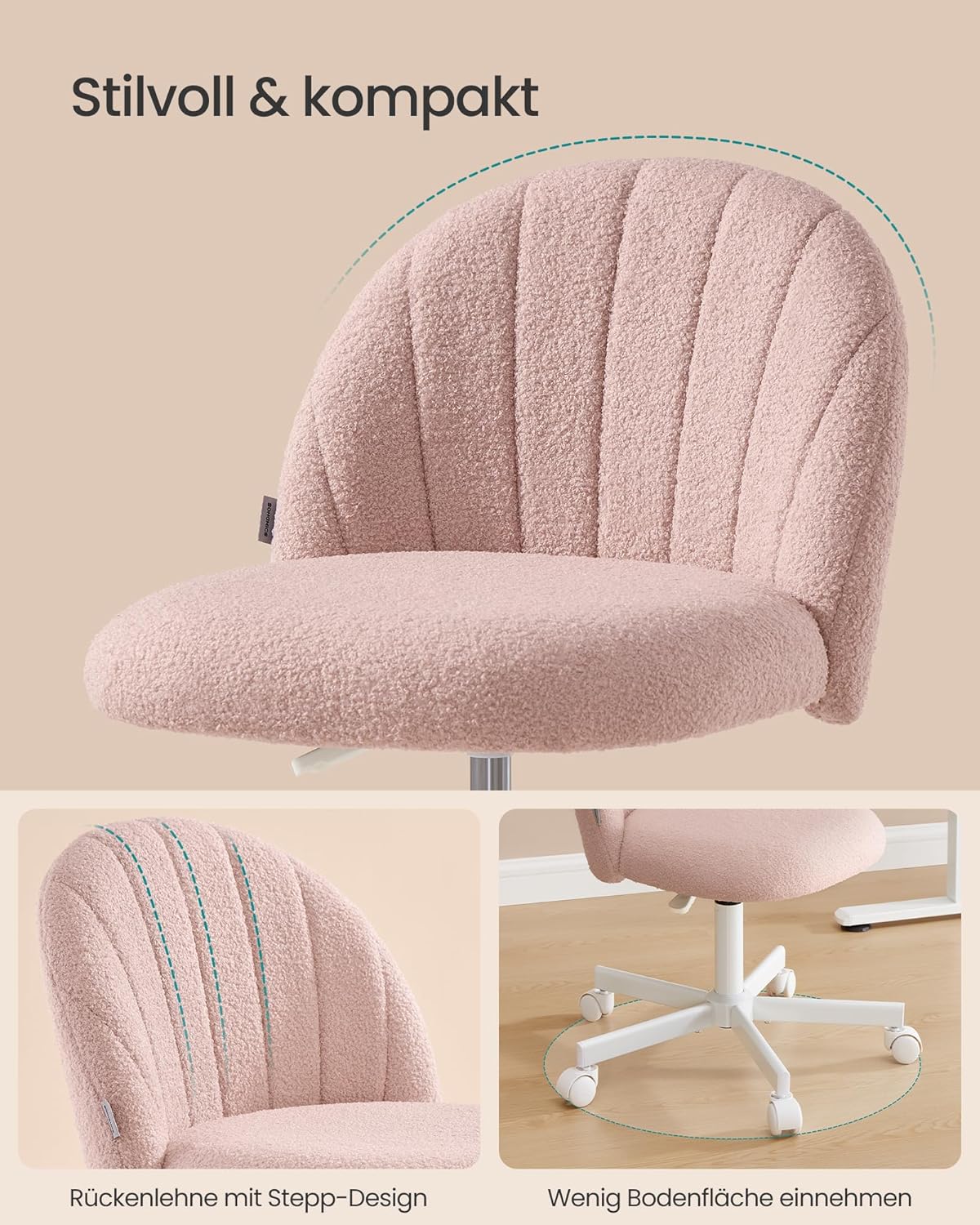 Höhenverstellbarer Drehstuhl, Rosa Sherpa-Stoff