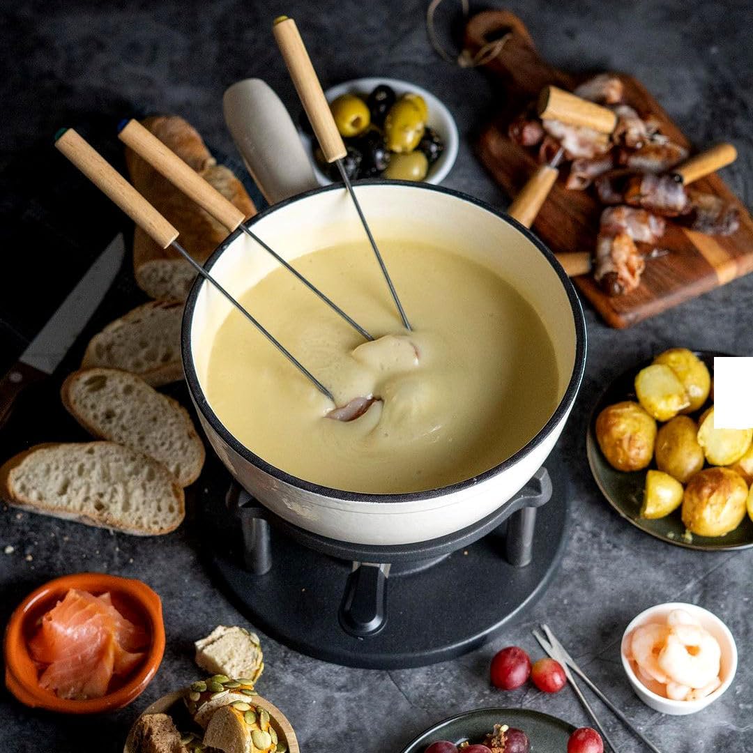 Fondue Set für 6 Personen (9-teilig), Creme / Creme Emailliert