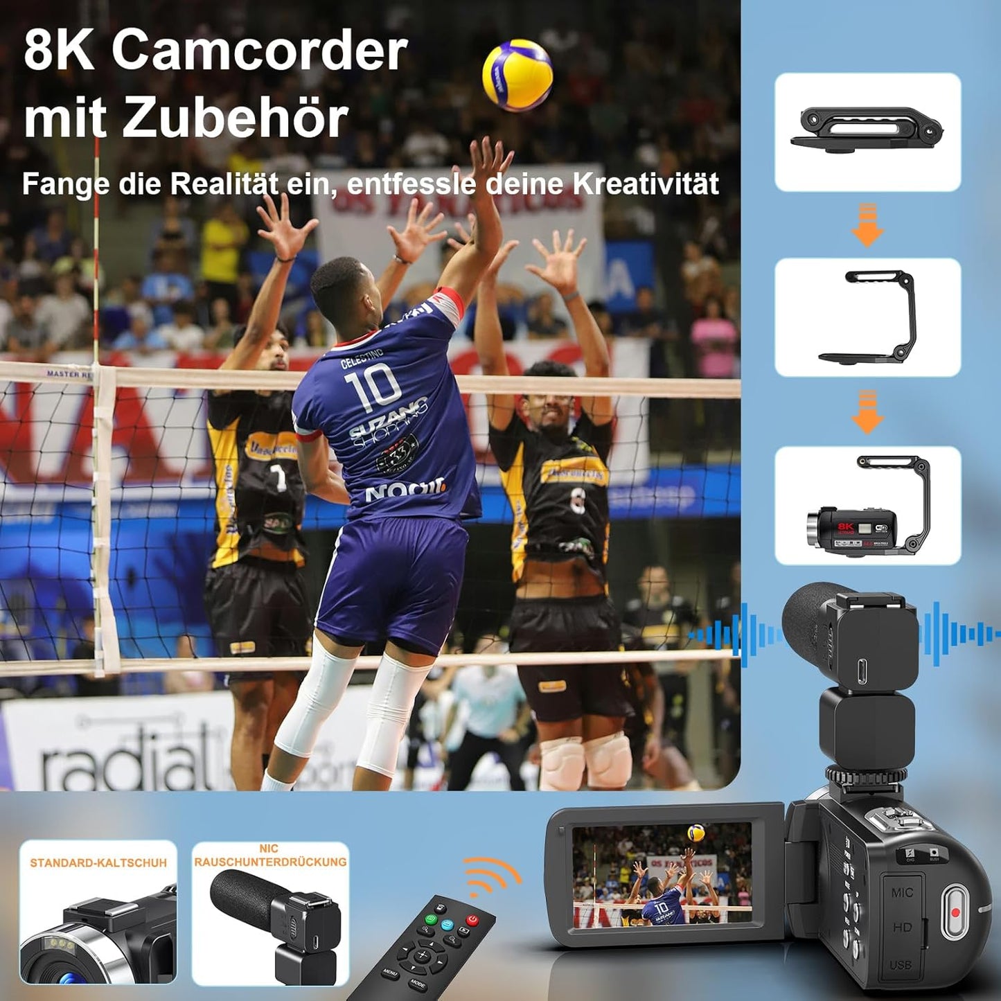 8K Vlogging Camcorder mit Nachtsicht, Mikrofon, Stabilisator und Fernbedienung, Tiefschwarz