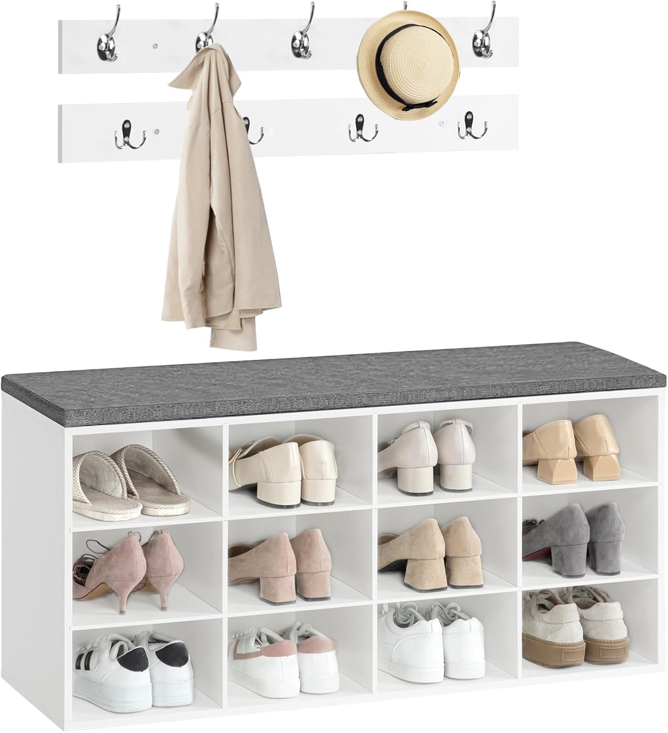 Garderobe-Schuhregal-Set mit Schuhbank und Hakenleiste, Weiss + Grau 100 x 30 x 48 cm (L x W x H)