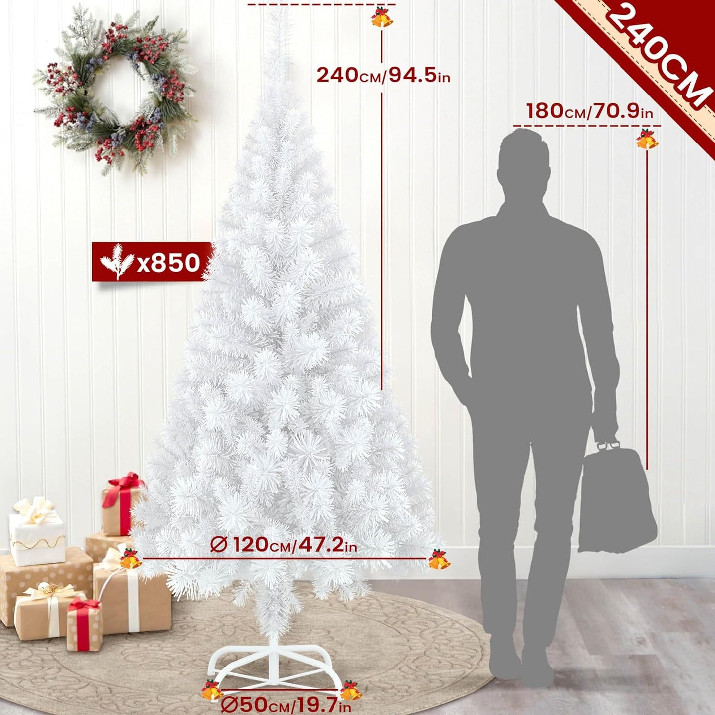 Künstlicher Weihnachtsbaum mit Metallständer, Weiss Pvc 240 cm