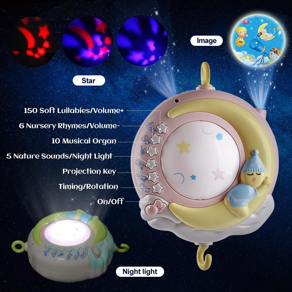 Babybett-Mobile mit 150 Melodien, Projektor, Fernbedienung, Rotationsfunktion und Timer, Rosa