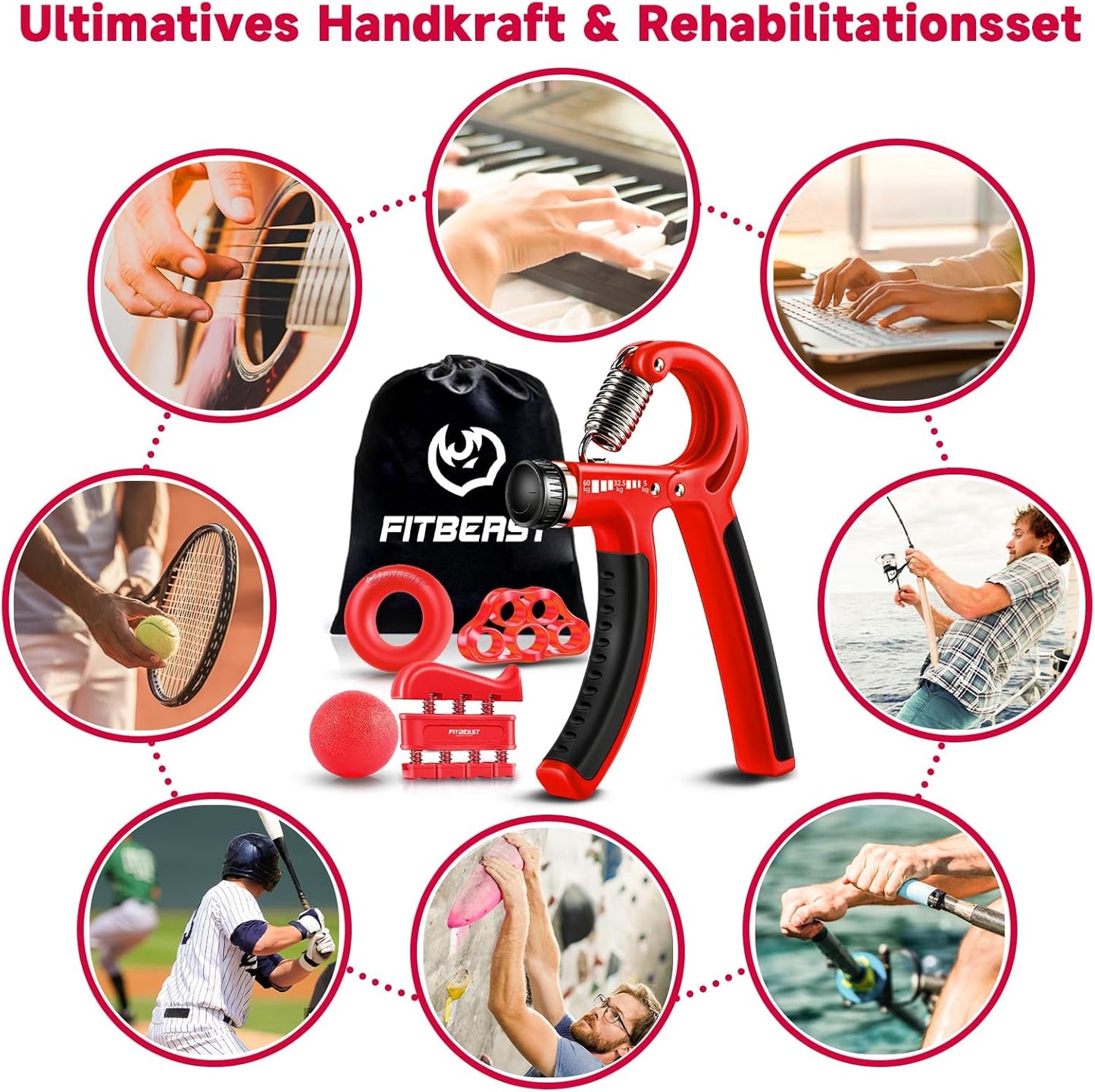 Handtrainer Set mit verstellbarem Grip (5-teilig), Rot