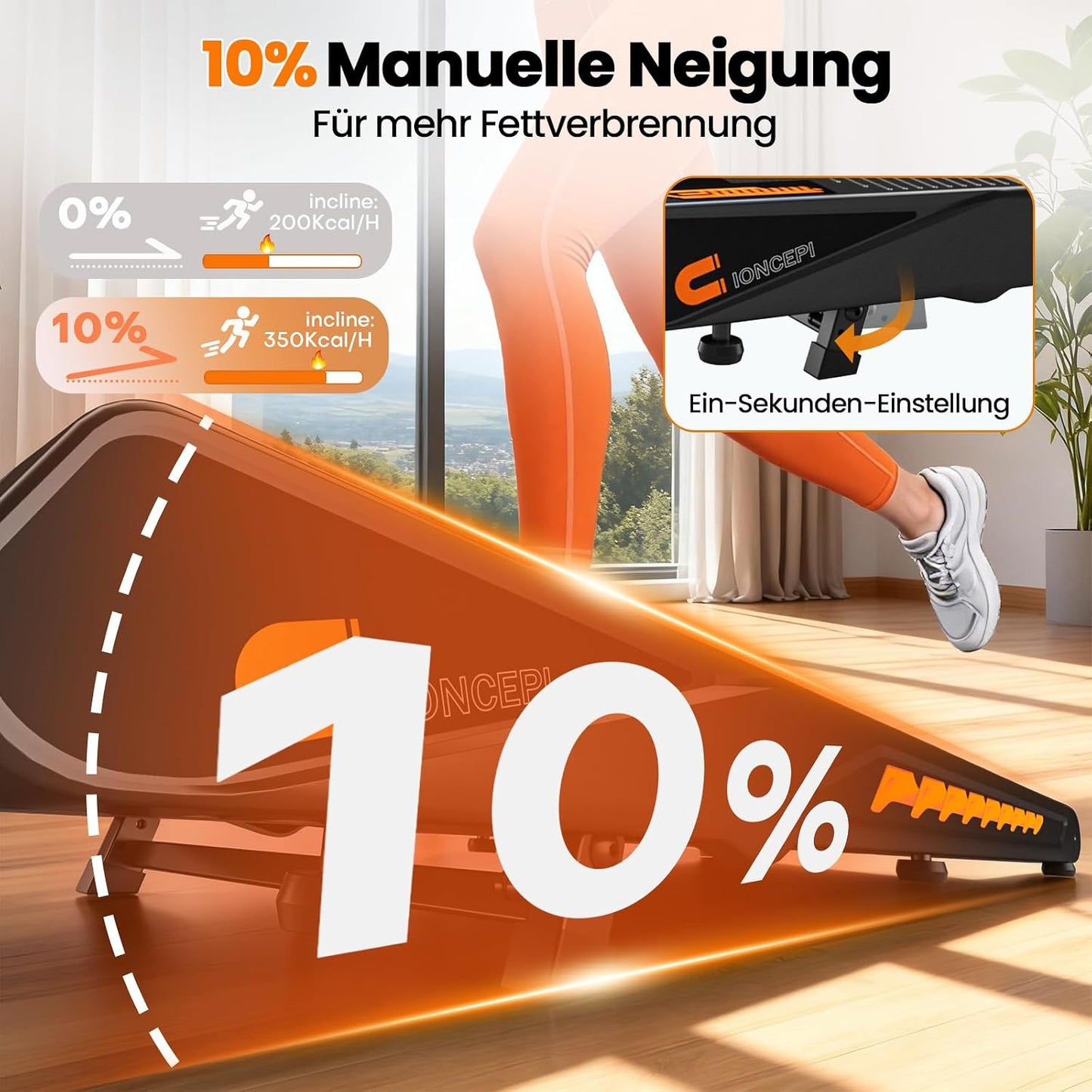 Walking Pad Laufband 10km/h mit Bluetooth Speaker, Schwarz-Dunkelorange