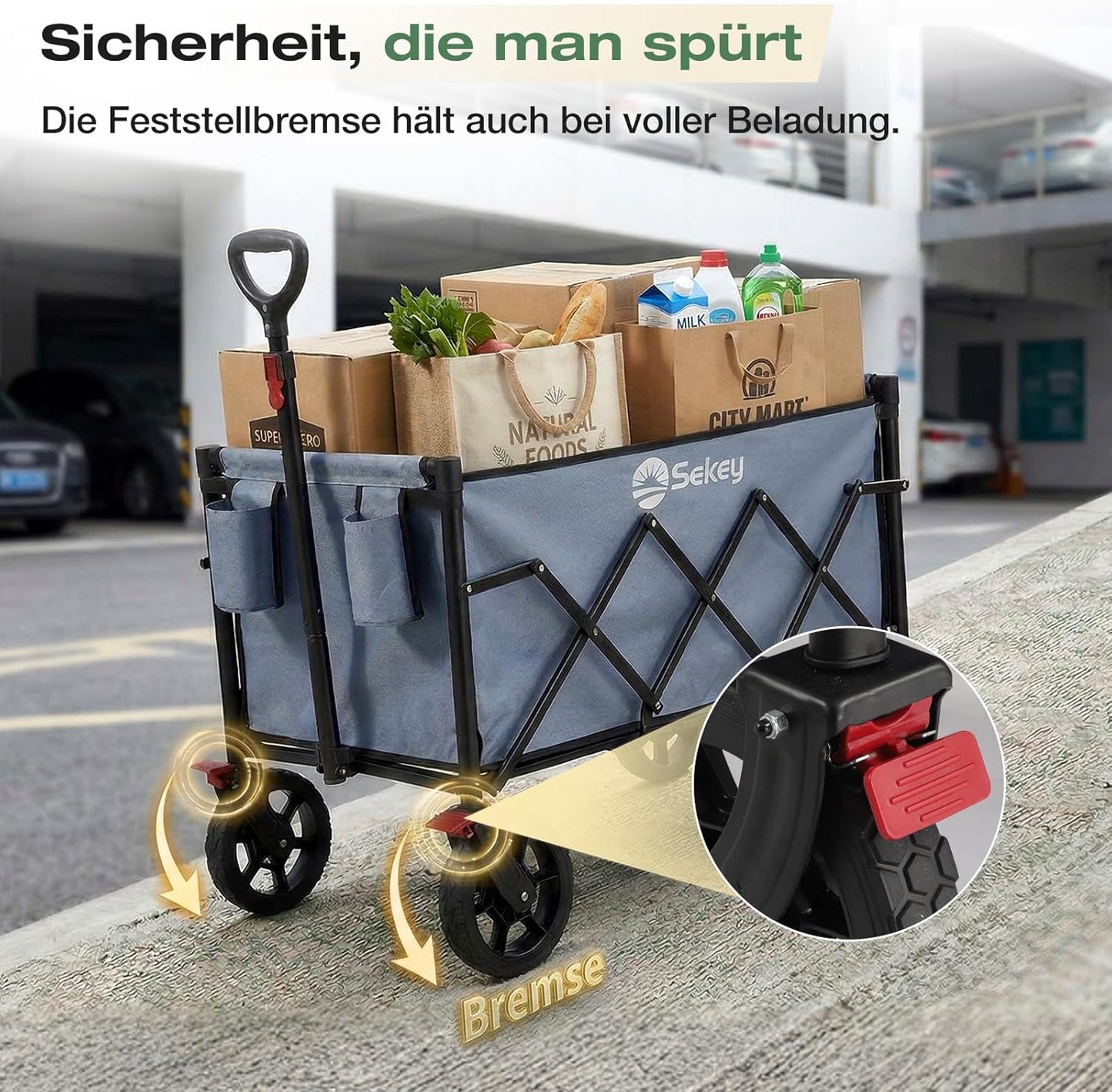 Faltbarer Bollerwagen mit Bremse 120L 100kg, Blau 120L