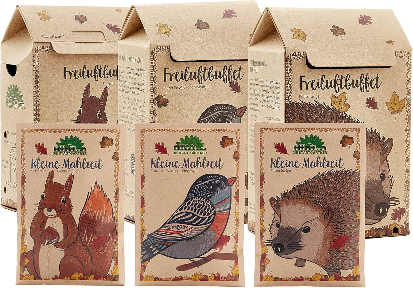 6-teiliges Tierfutter Geschenkset mit Futterhäuschen für Vögel, Igel und Eichhörnchen