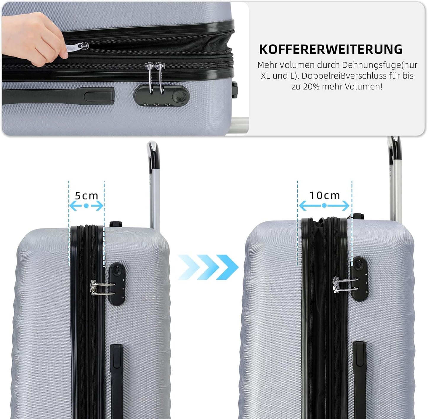 3-teiliges Kofferset mit Zwillingsrollen, Silber