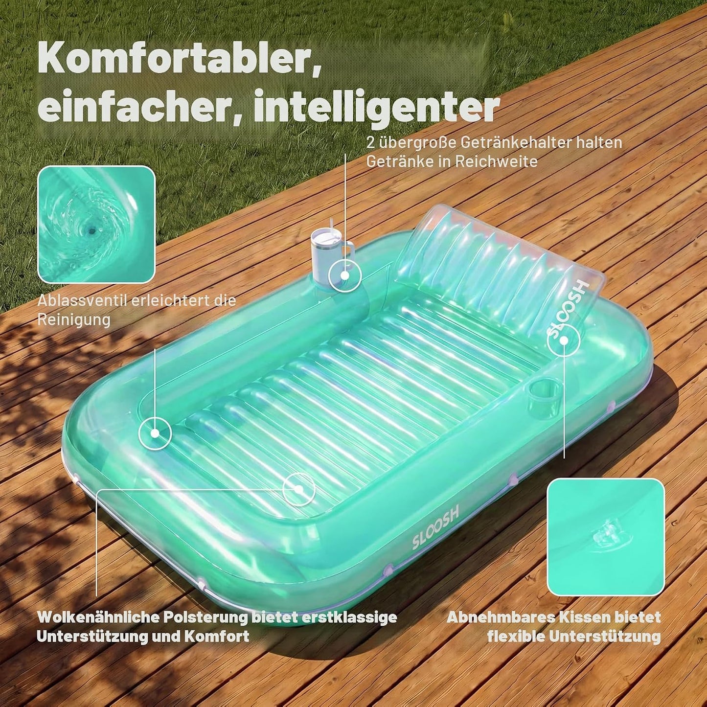 Aufblasbarer Sonnenpool mit abnehmbarem Kissen und Getränkehalter, Cyan L