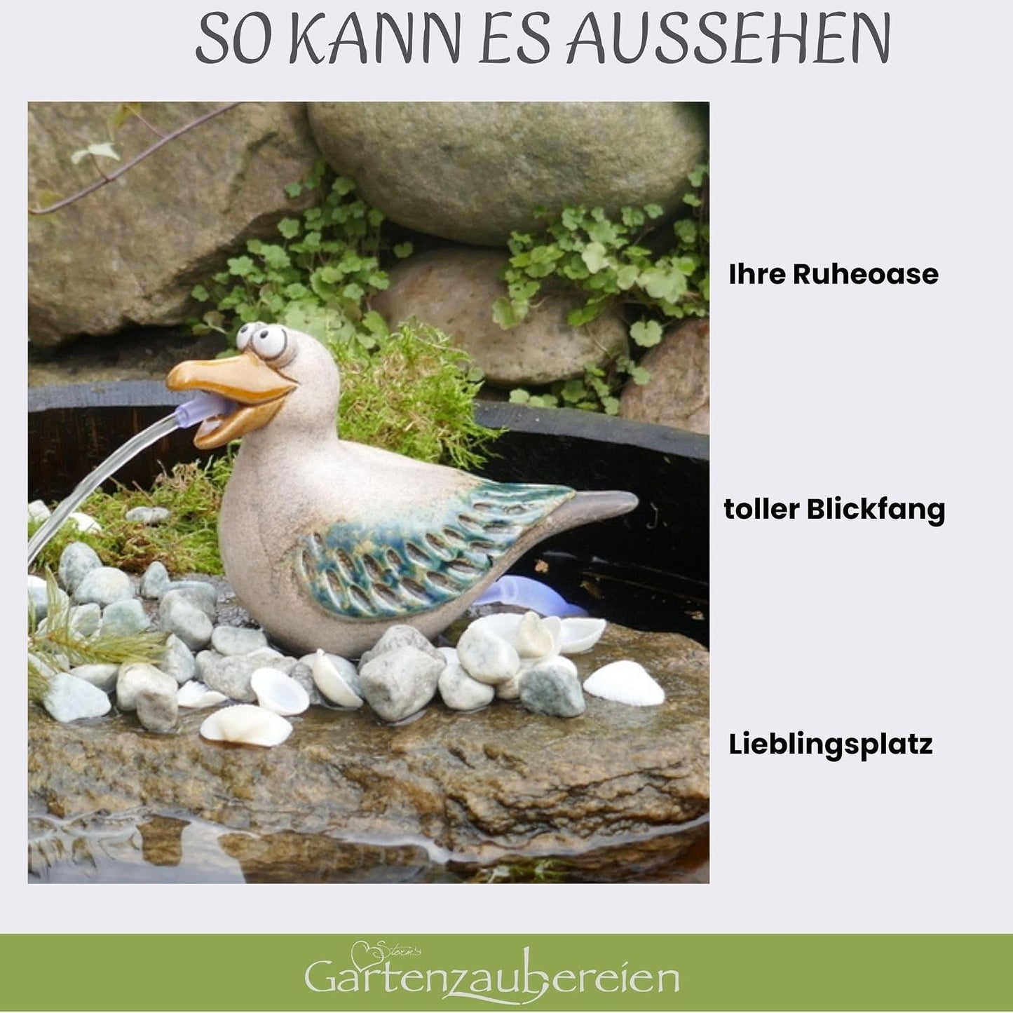 Wasserspeier Solarbrunnen mit Akku-Pumpe