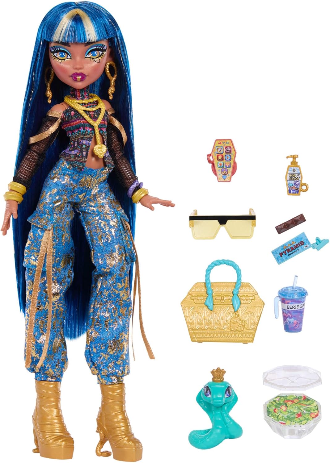Puppe Cleo de Nile mit Haustierschlange und Zubehör, Golden-blau