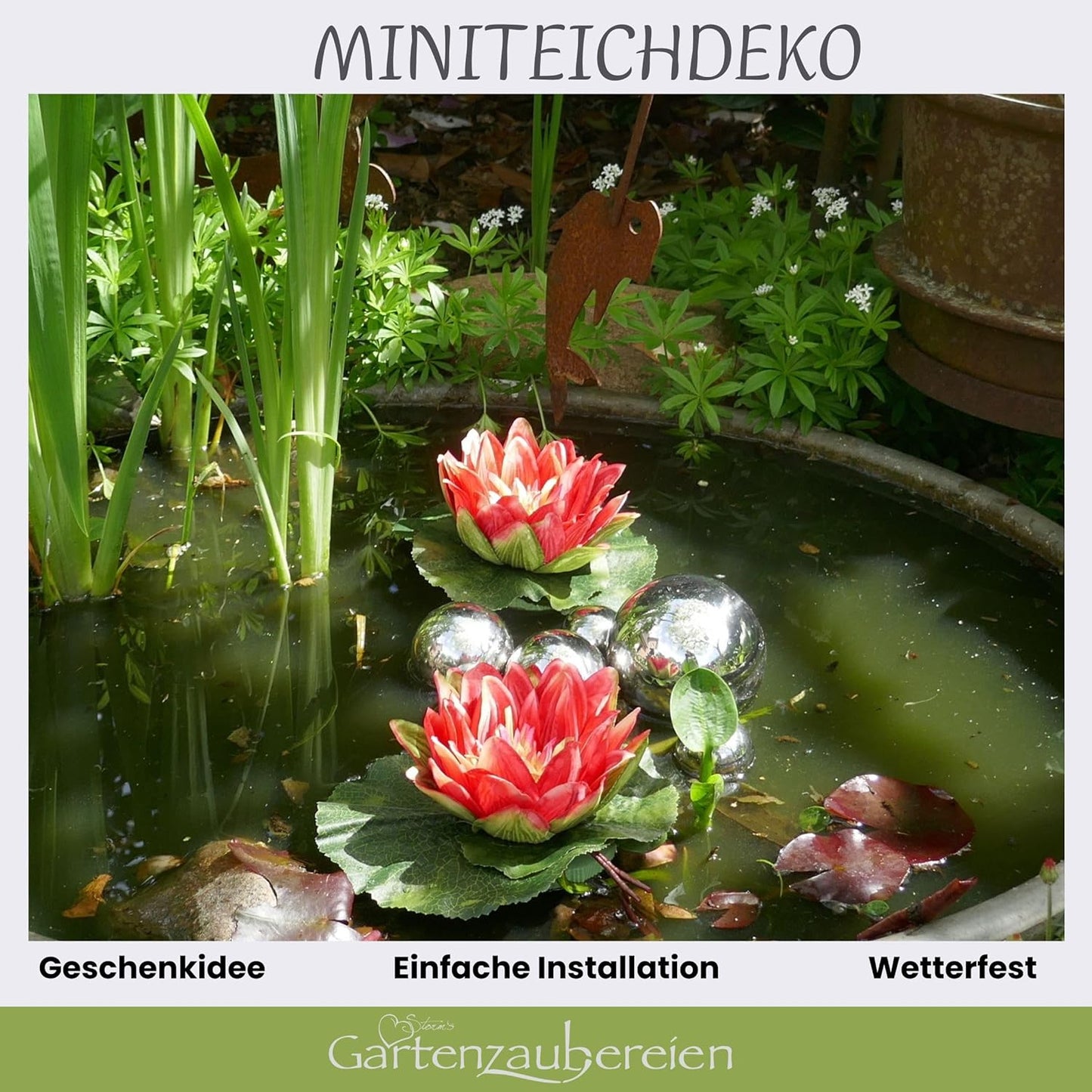 Miniteichset mit künstlichen Seerosen & Teichkugeln