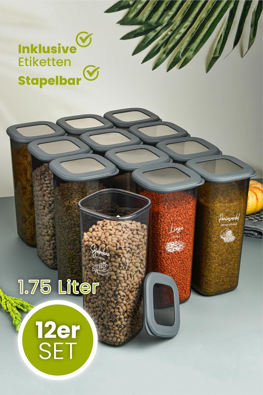 12er-Vorratsdosen-Set, 12er Set Anthrazit 1750 Ml