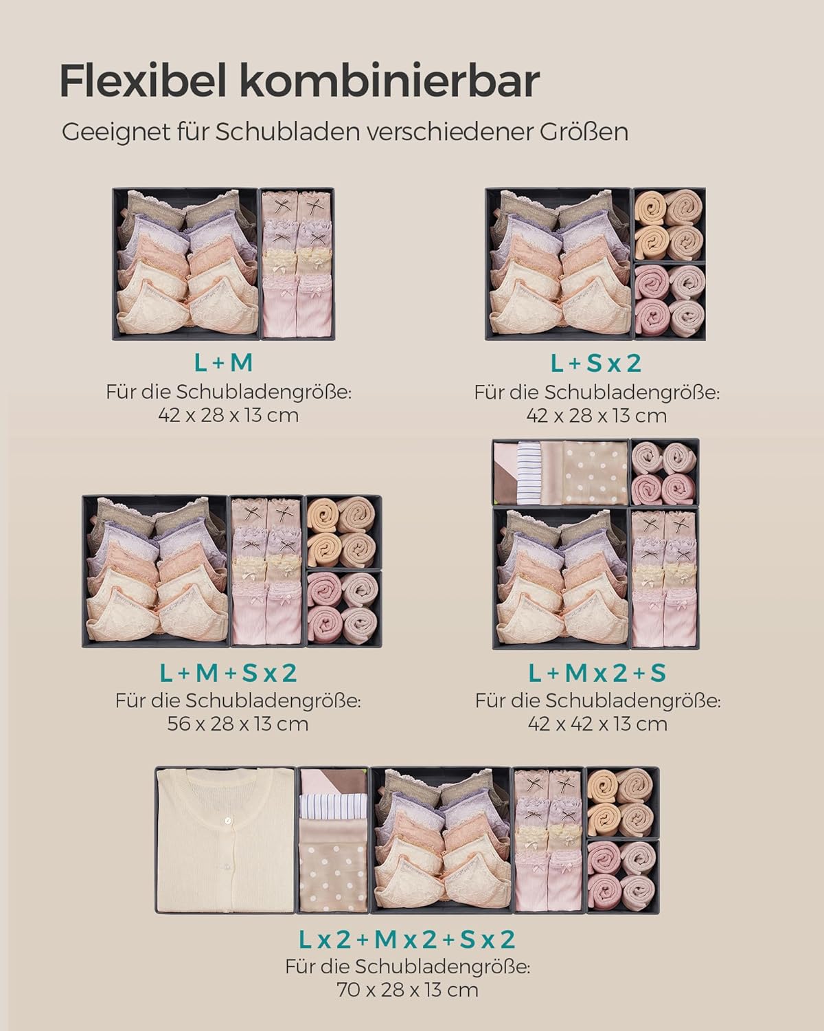 12-teiliges Aufbewahrungsboxen-Set für Schubladen, 12er Set Schiefergrau