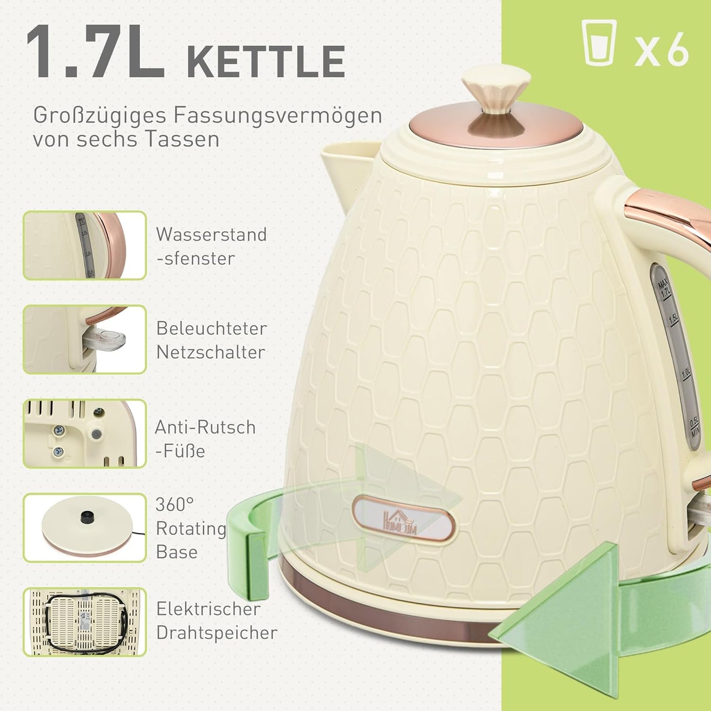 Frühstücksset 1,7L Wasserkocher & Toaster (4 Scheiben), Beige