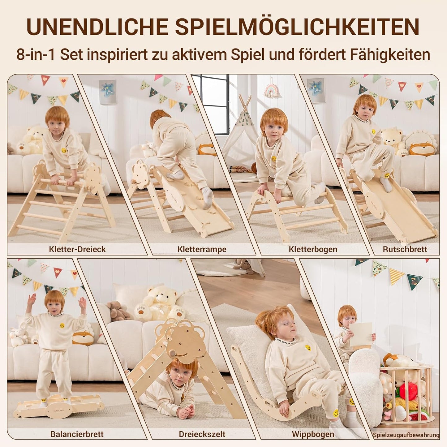 8-in-1 Klettergerüst mit Rutsche & Kletterbogen, M Natur