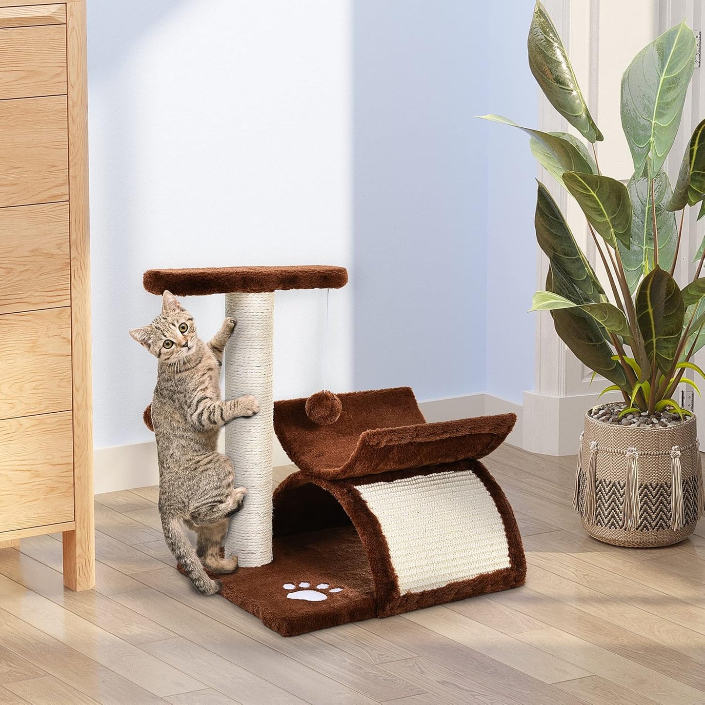 Katzenkratzbaum mit Spielball 43 cm hoch, Braun 40L x 30B x 43H cm