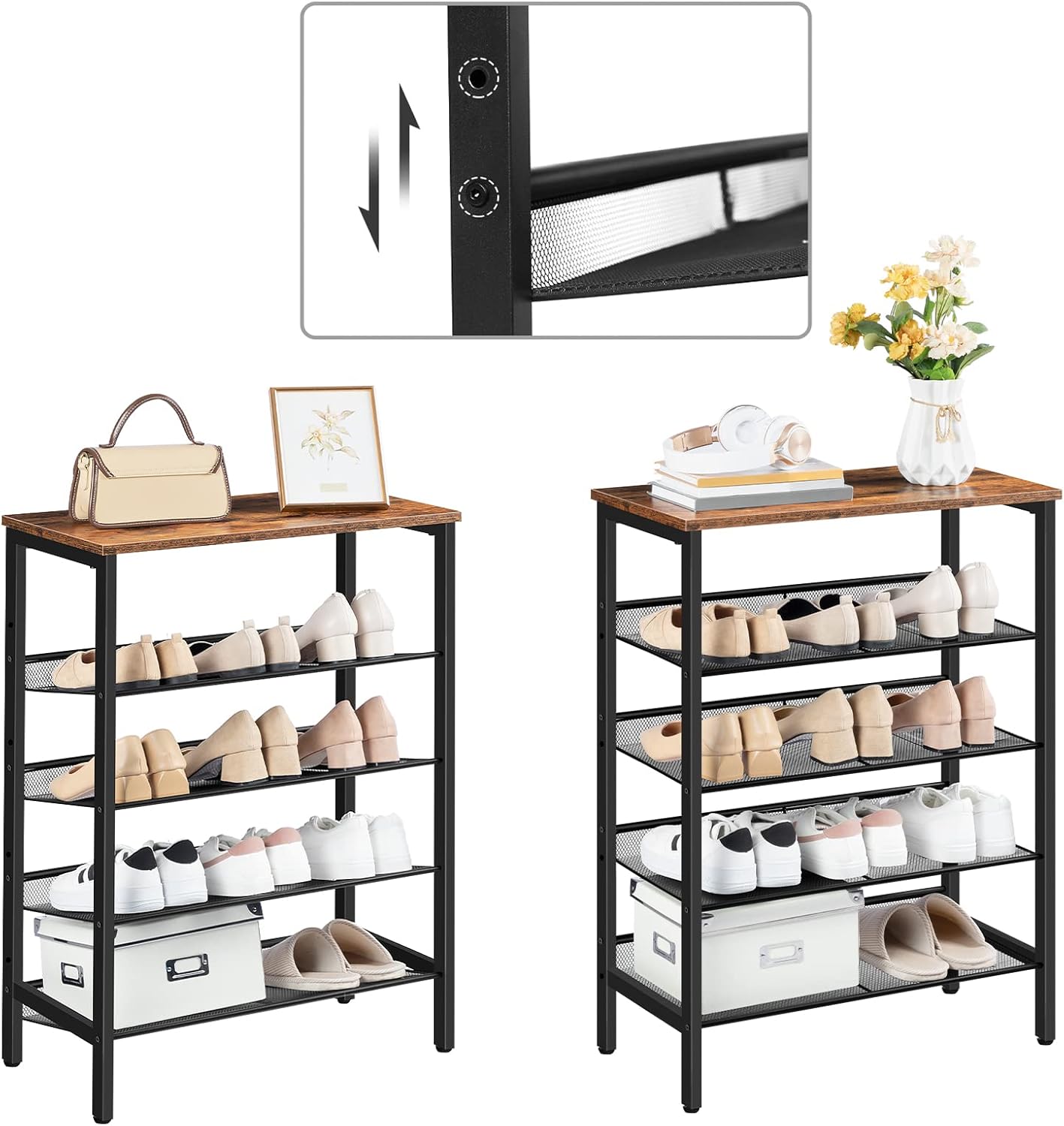 5-lagiges Schuhregal, Dunkelbraun + Schwarz 60 x 30 x 85 cm