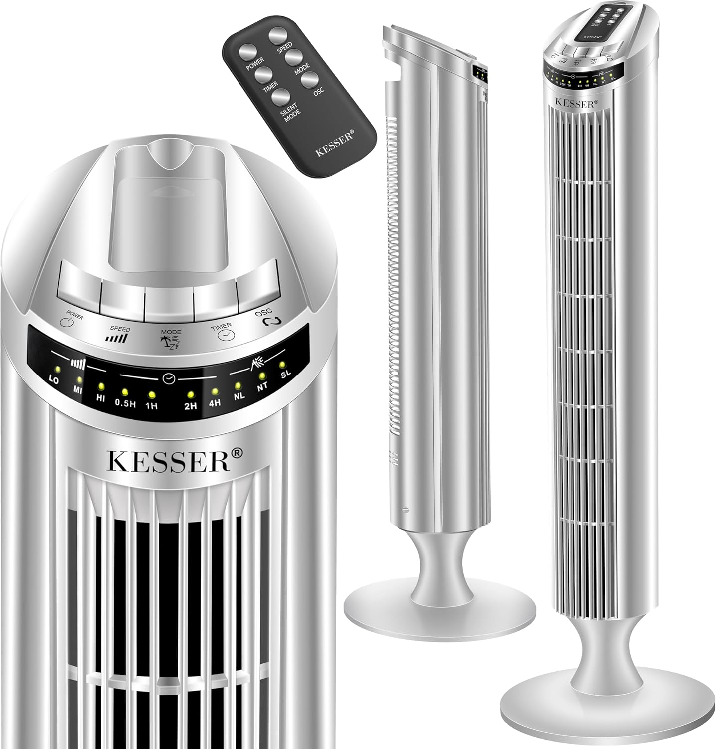 Turmventilator mit Fernbedienung und Timerfunktion, Silber