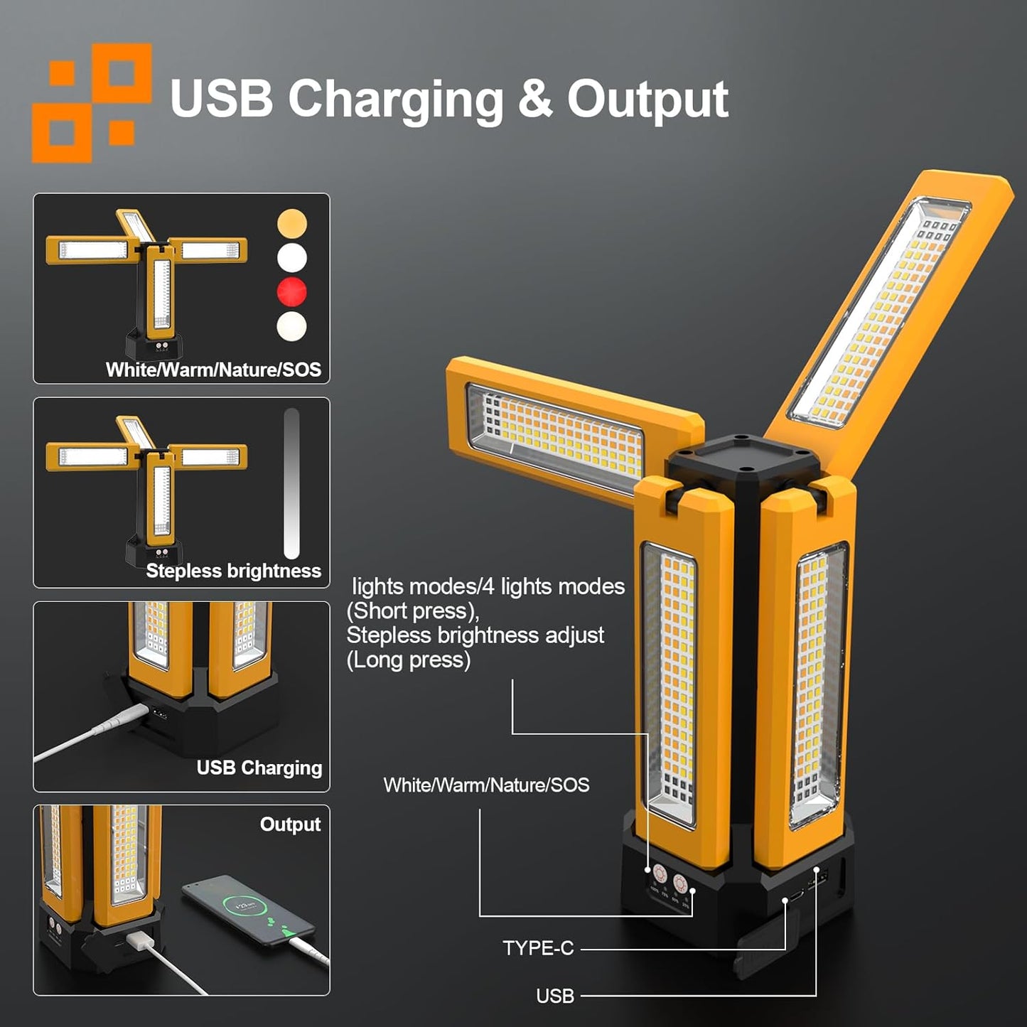 V3000 Solar-Akku LED Baustrahler, Orange mit Fernbedienung