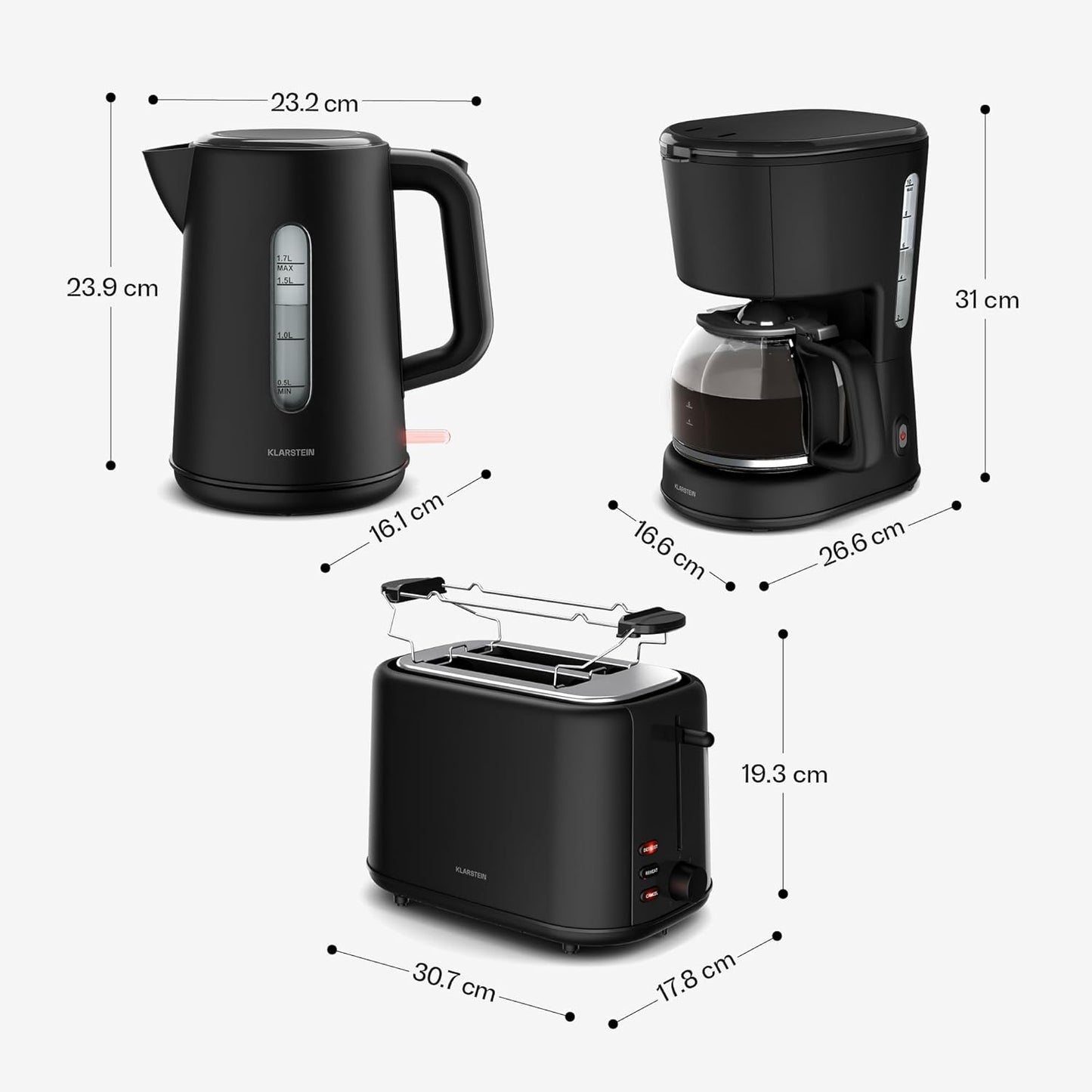 Velaire Frühstücksset: Toaster, Wasserkocher, Kaffeemaschine, Schwarz Komplettset