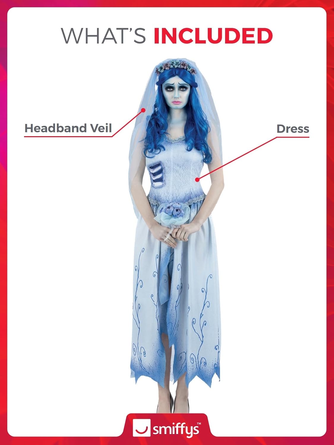 Kostüm Corpse Bride Emily mit Kleid, Stirnband und Schleier, Medium (UK 12-14)