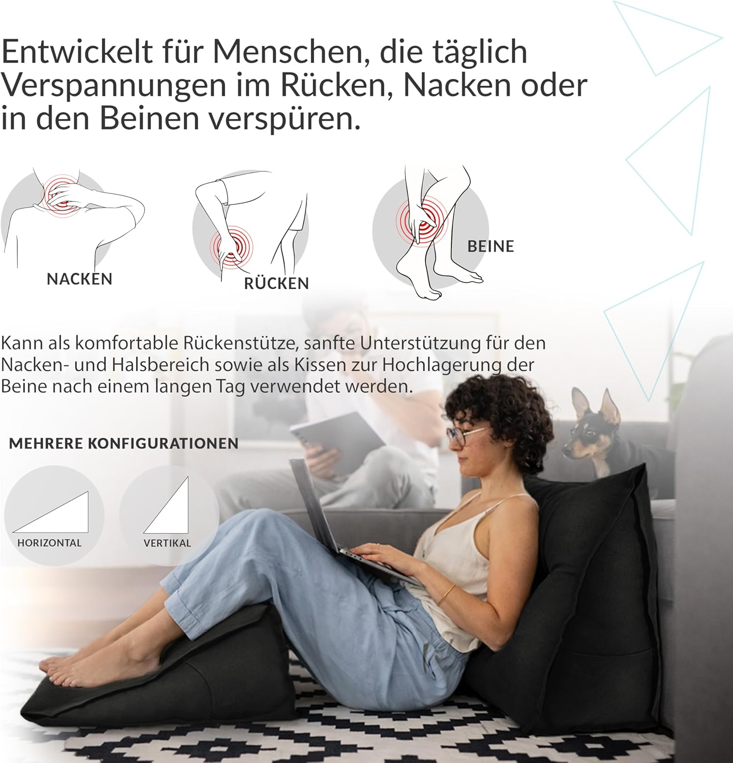 Keilkissen mit Seitentaschen, 70x50 Schwarz