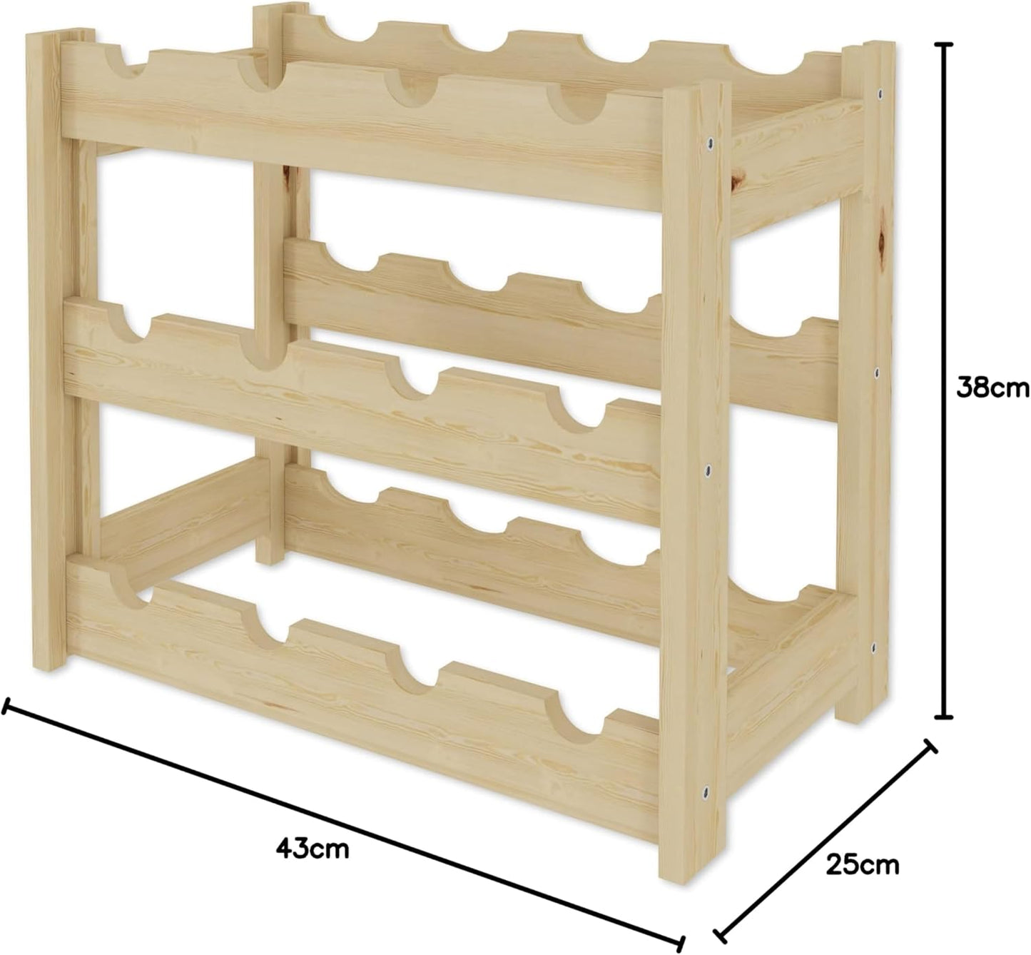 Weinregal aus Holz, Natur RW-1-12, 38 x 43 x 25, 3 liegen, für 12 Flaschen