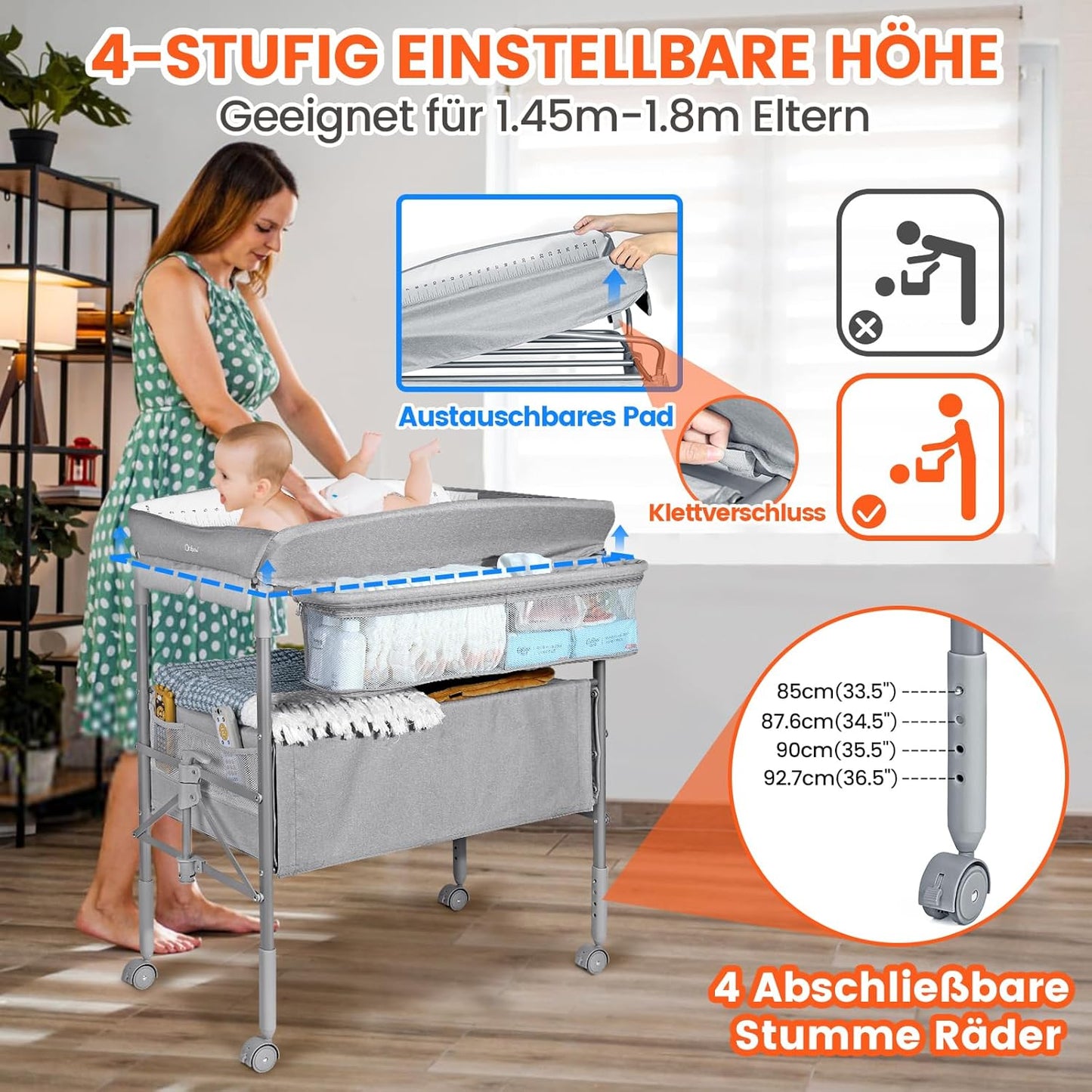 Höhenverstellbarer Baby-Wickeltisch mit Schubladen, Grau mit Schubladen
