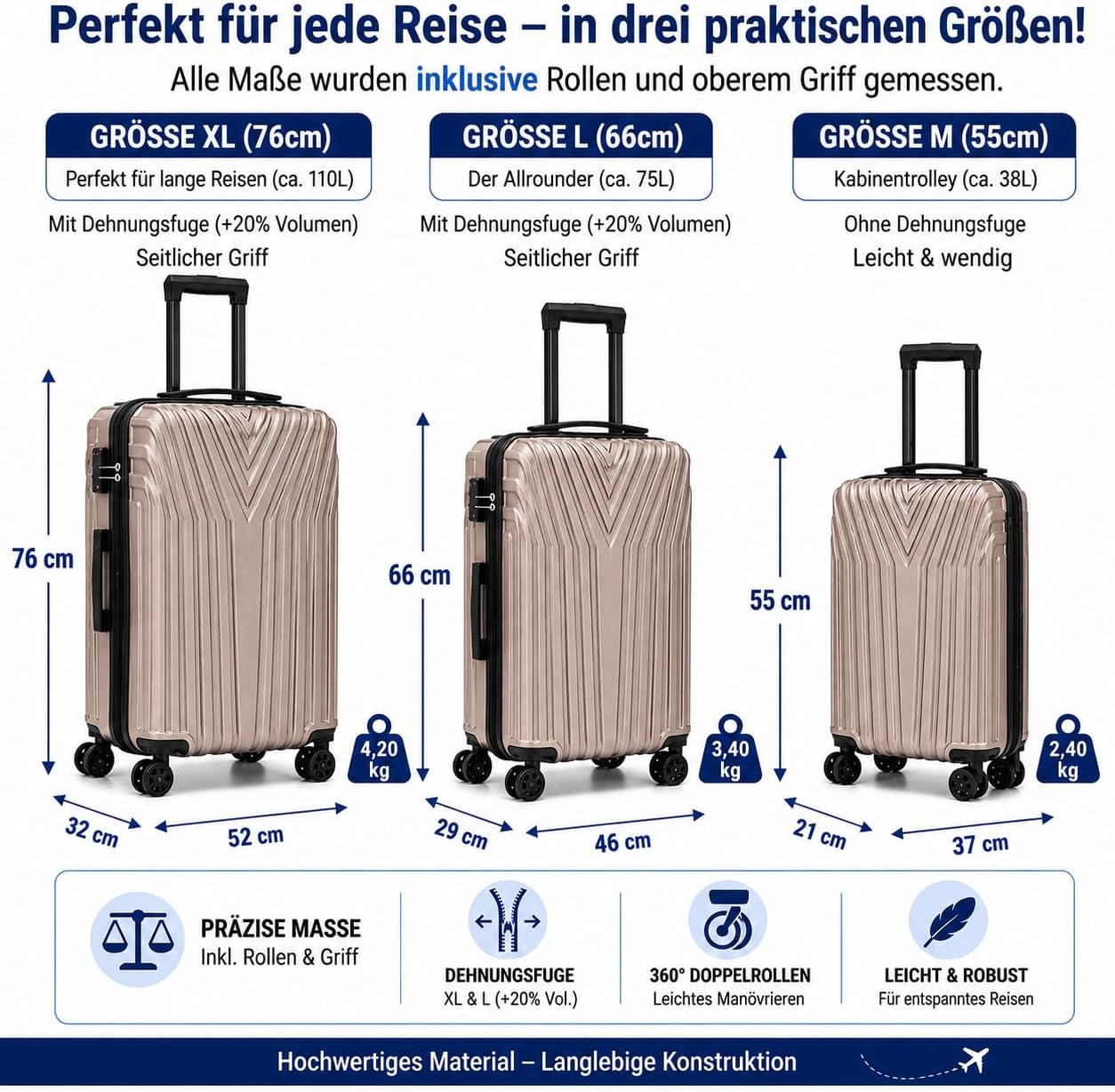 Rollkoffer, Champagner 66 cm