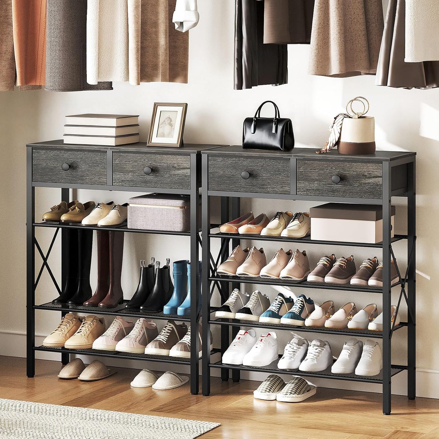 Schuhregal mit 5 Ebenen und 2 Stoffschubladen, 70,5 x 27,5 x 96 cm Anthrazitgrau + Schwarz