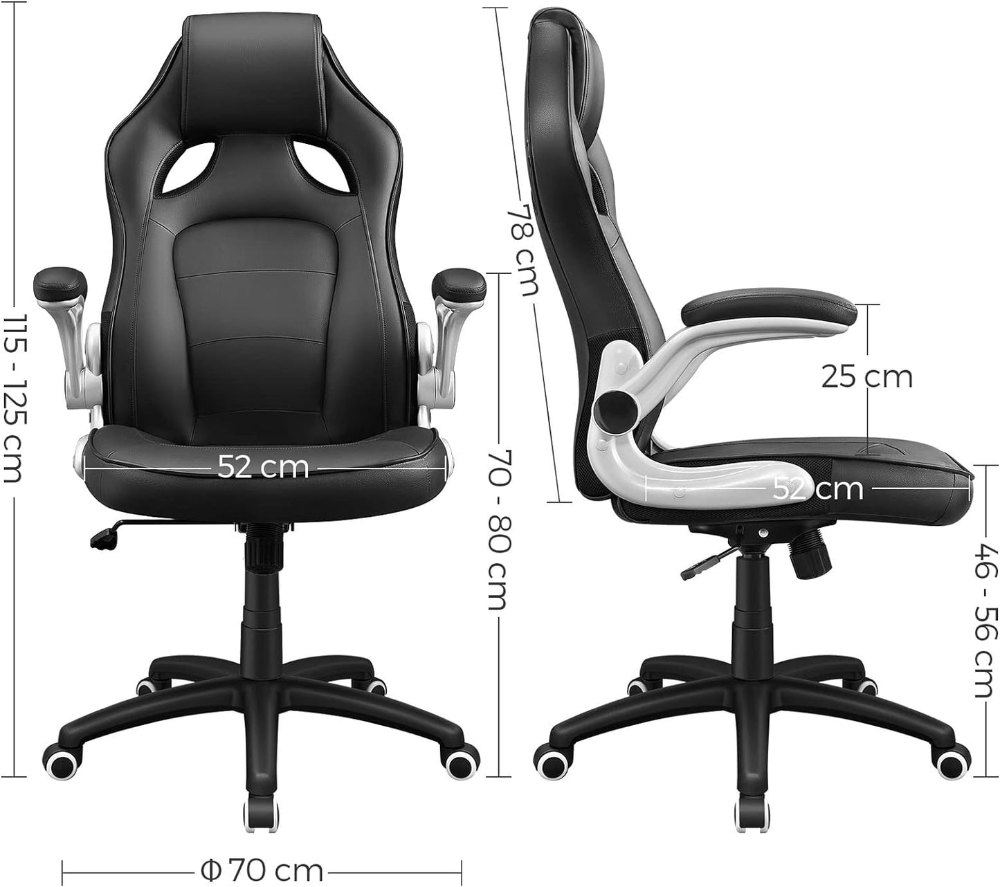 Racing Stuhl, schwarz 52 x 52 x (115-125) cm