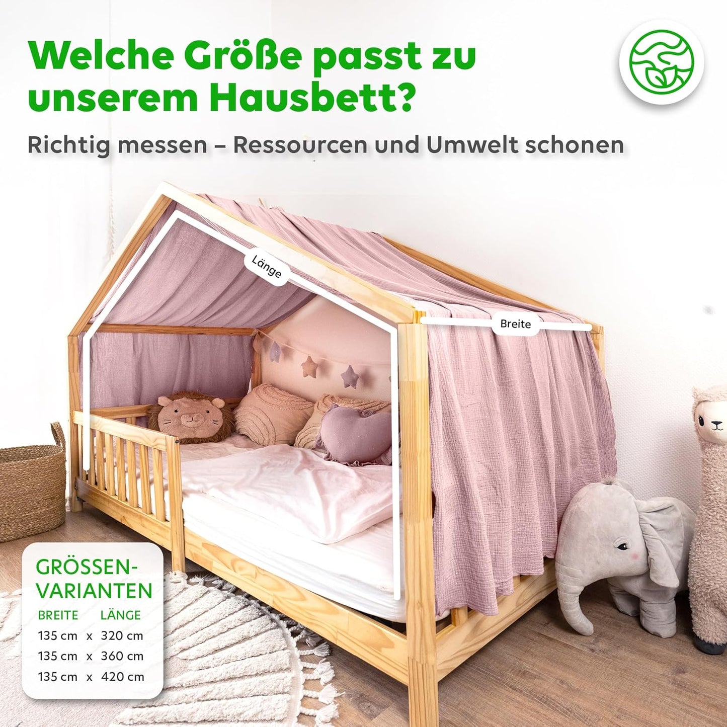Hausbett-Stoffhimmel mit Goldakzenten, Puderrosa mit Gold 135 x 320cm