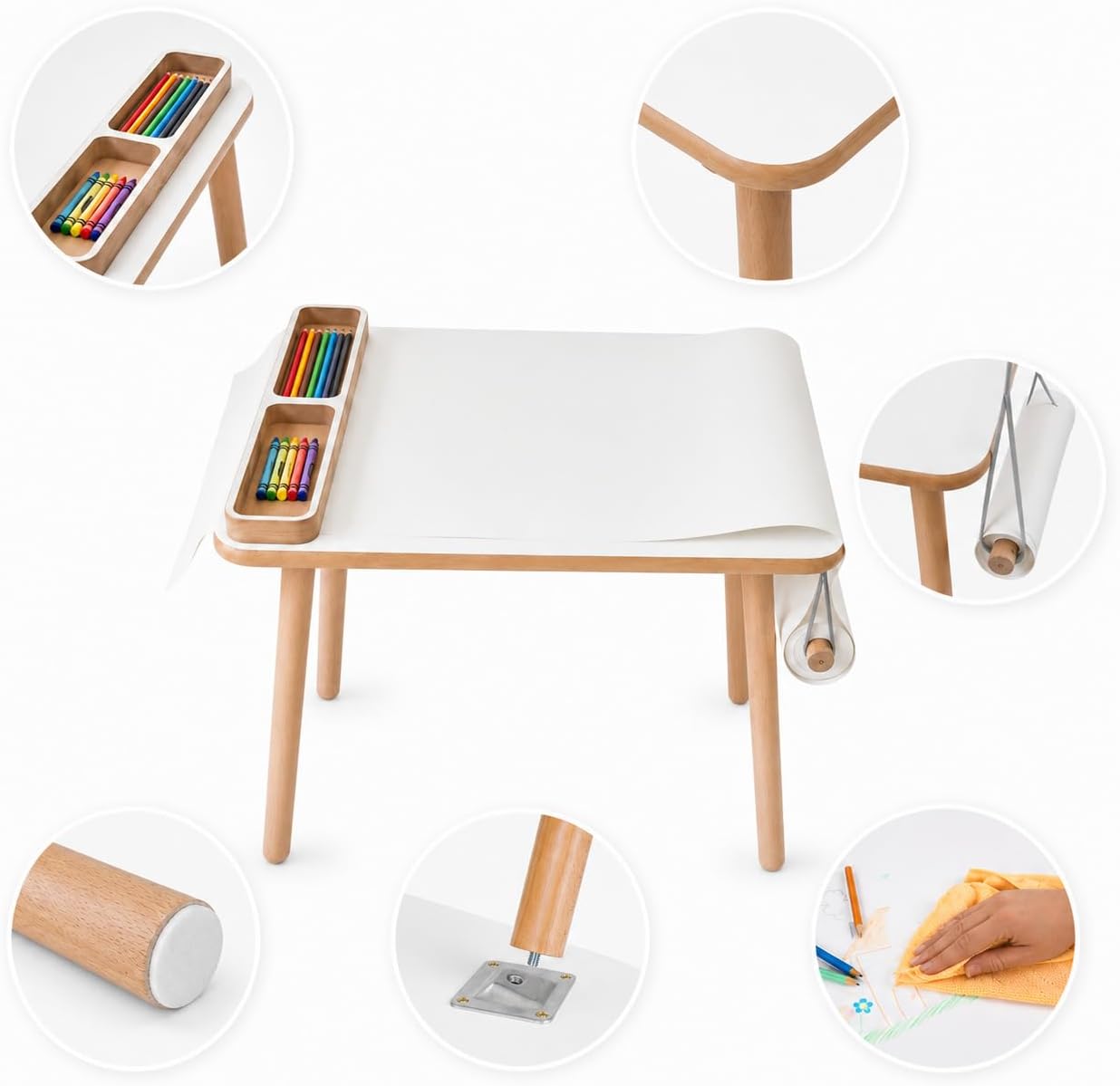 Kindertisch mit Papierrolle & Organizer, Weiss Holz 50 x 60 x 47 cm