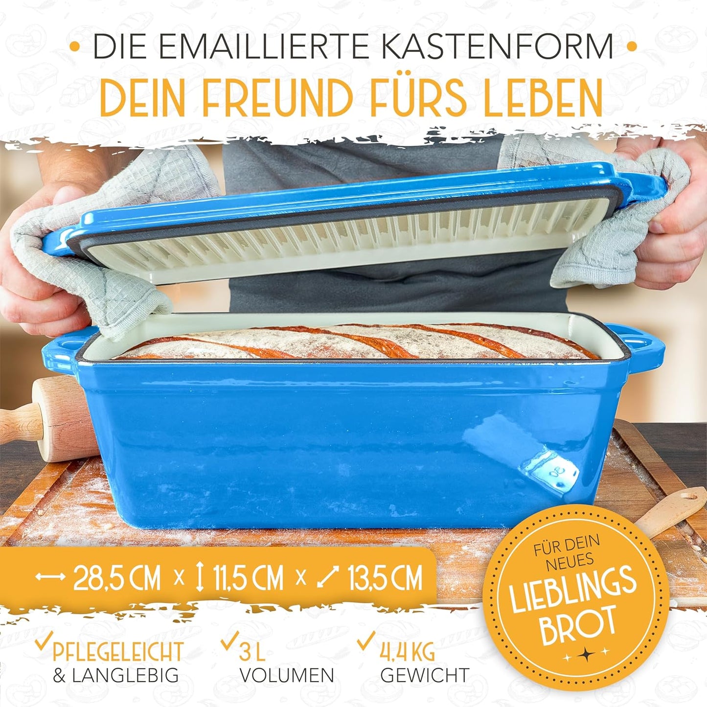 Brotbackfrom mit Deckel inkl. Gärkorb, Blau Kastenform