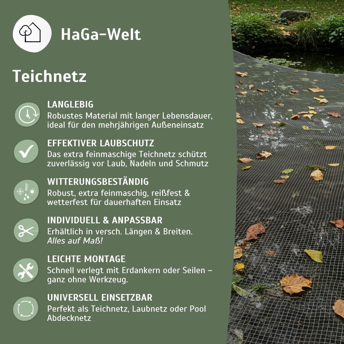 Zuschneidbares Teich- & Poolabdecknetz, 2,6 x 5 m, Länge: 5m Breite: 2,6m Dunkelgrün
