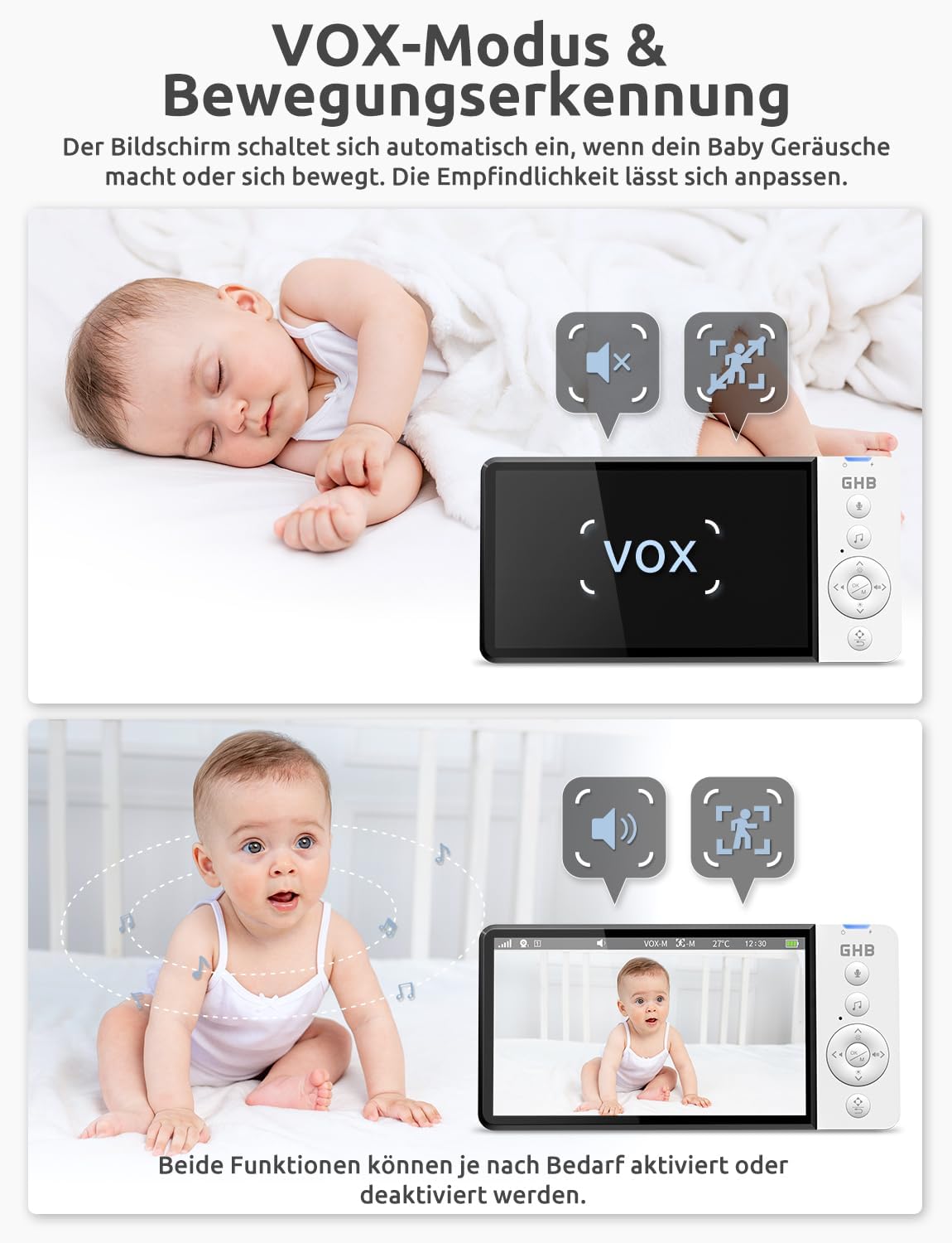 ABM720F Babyphone mit Kamera, 5 Zoll HD-Display und VOX-Funktion, Schwenkbar